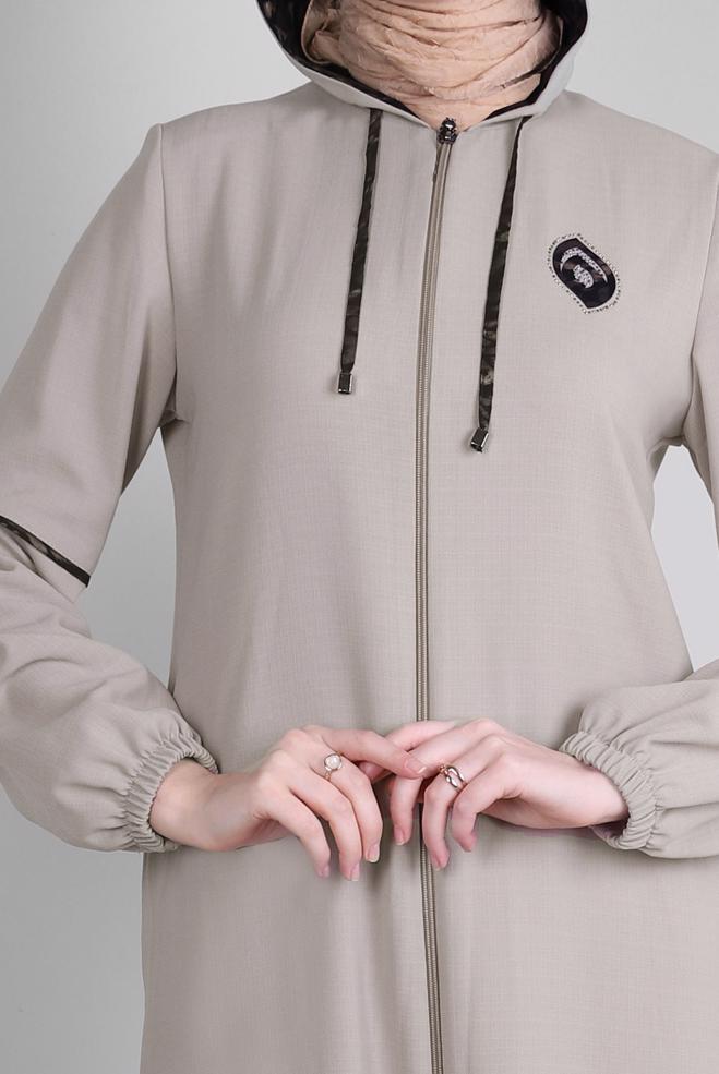 Vêtements hijab BEIGE PARDESSUS À CAPUCHE AVEC FERMETURE ÉCLAIR 10728 - ALVİNA