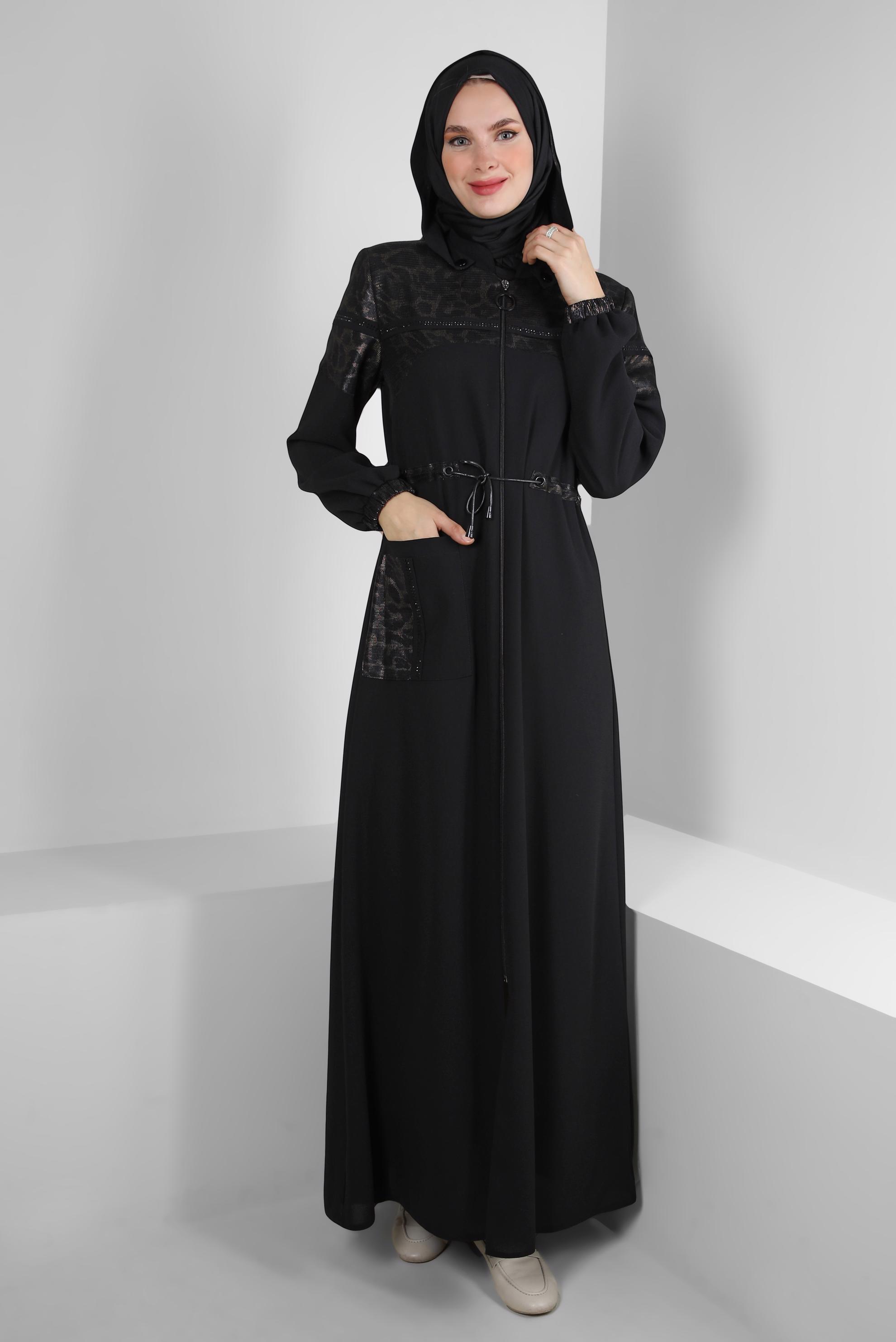 Hijab clothing BLACK LEOPARD PATTERNED TOPCOAT WITH DETACHABLE HOOD 10729