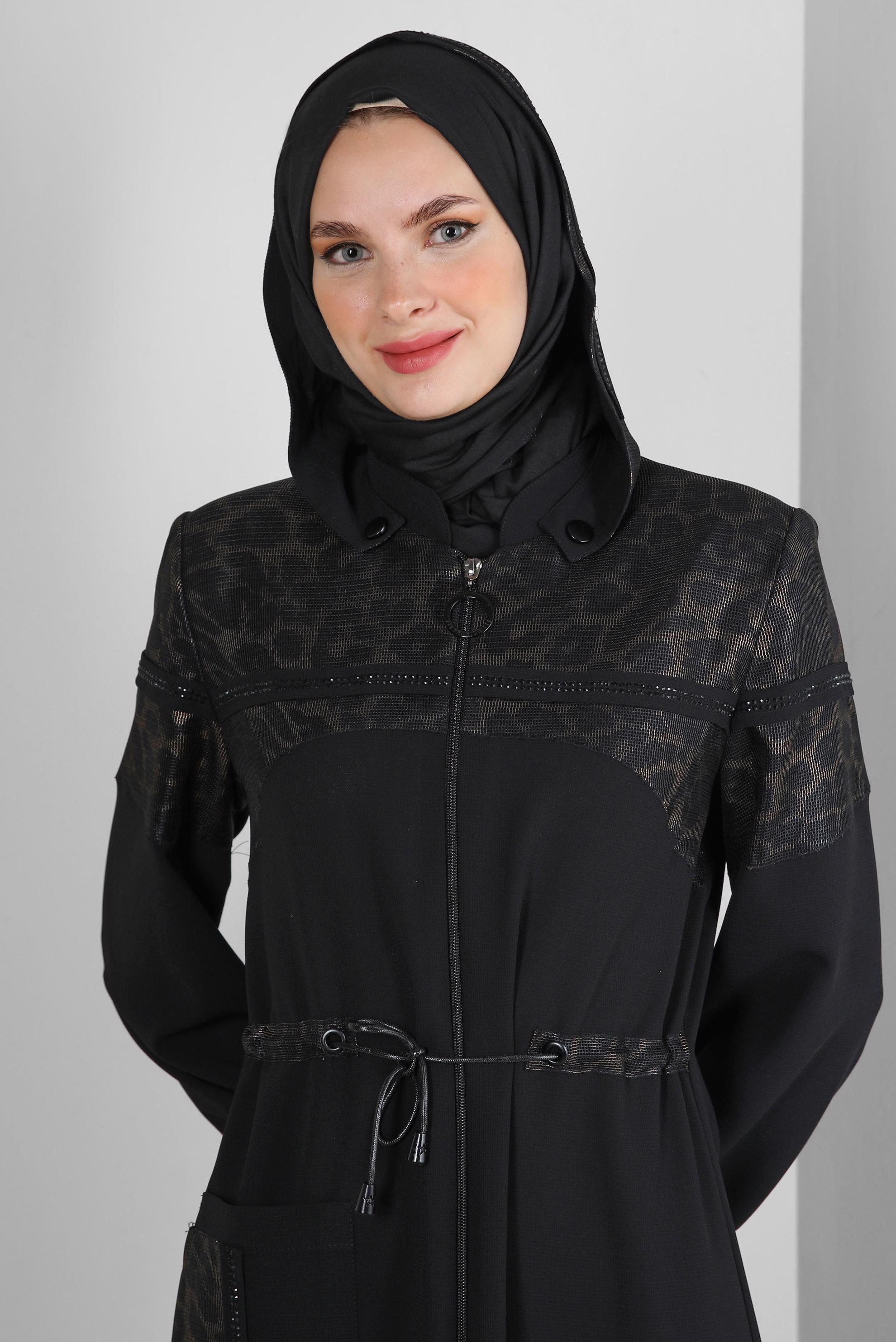 Hijab clothing BLACK LEOPARD PATTERNED TOPCOAT WITH DETACHABLE HOOD 10729