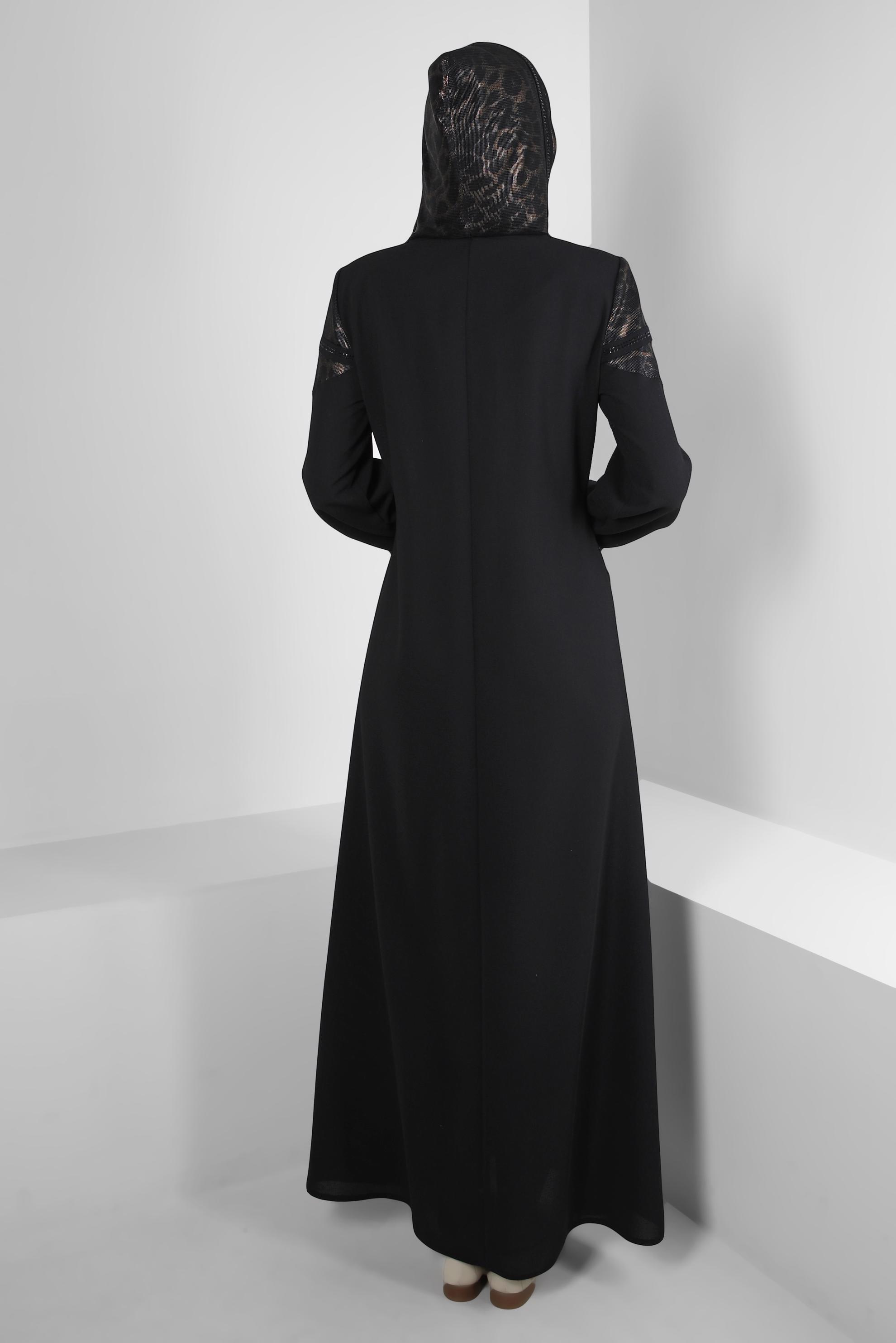 Hijab clothing BLACK LEOPARD PATTERNED TOPCOAT WITH DETACHABLE HOOD 10729