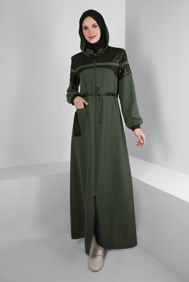 Hijab clothing KHAKI LEOPARD PATTERNED TOPCOAT WITH DETACHABLE HOOD 10729 - ALVİNA