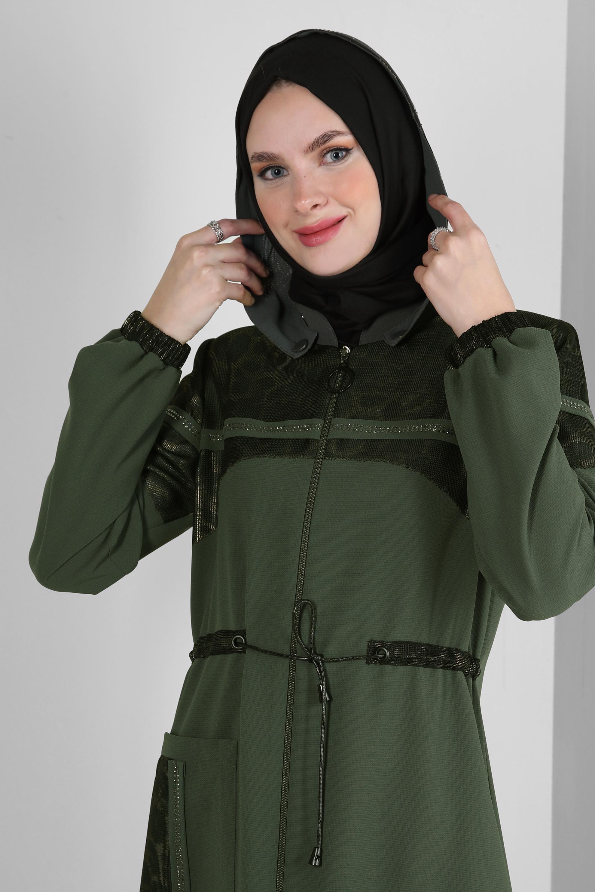 Hijab clothing KHAKI LEOPARD PATTERNED TOPCOAT WITH DETACHABLE HOOD 10729