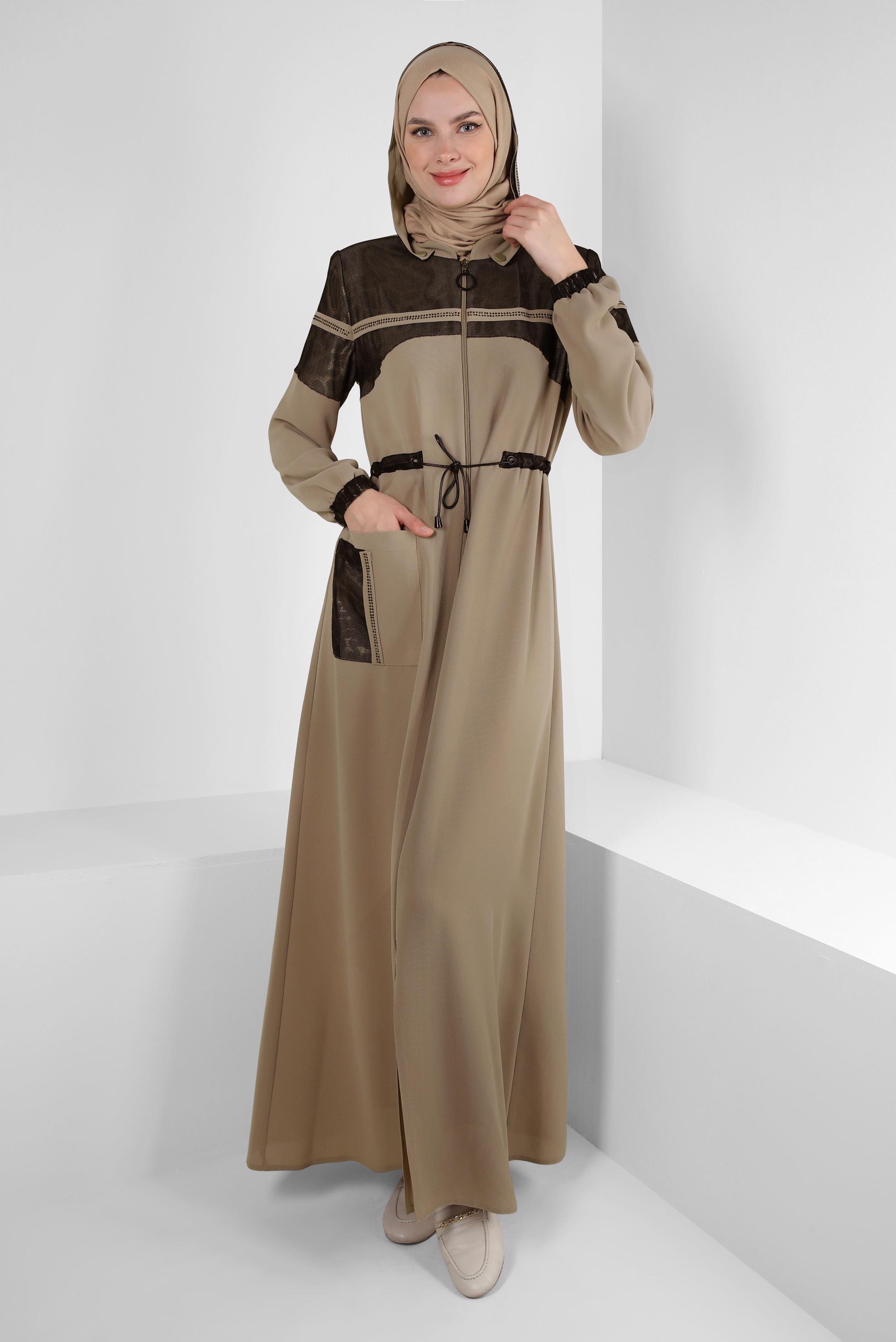 Hijab clothing BEIGE LEOPARD PATTERNED TOPCOAT WITH DETACHABLE HOOD 10729