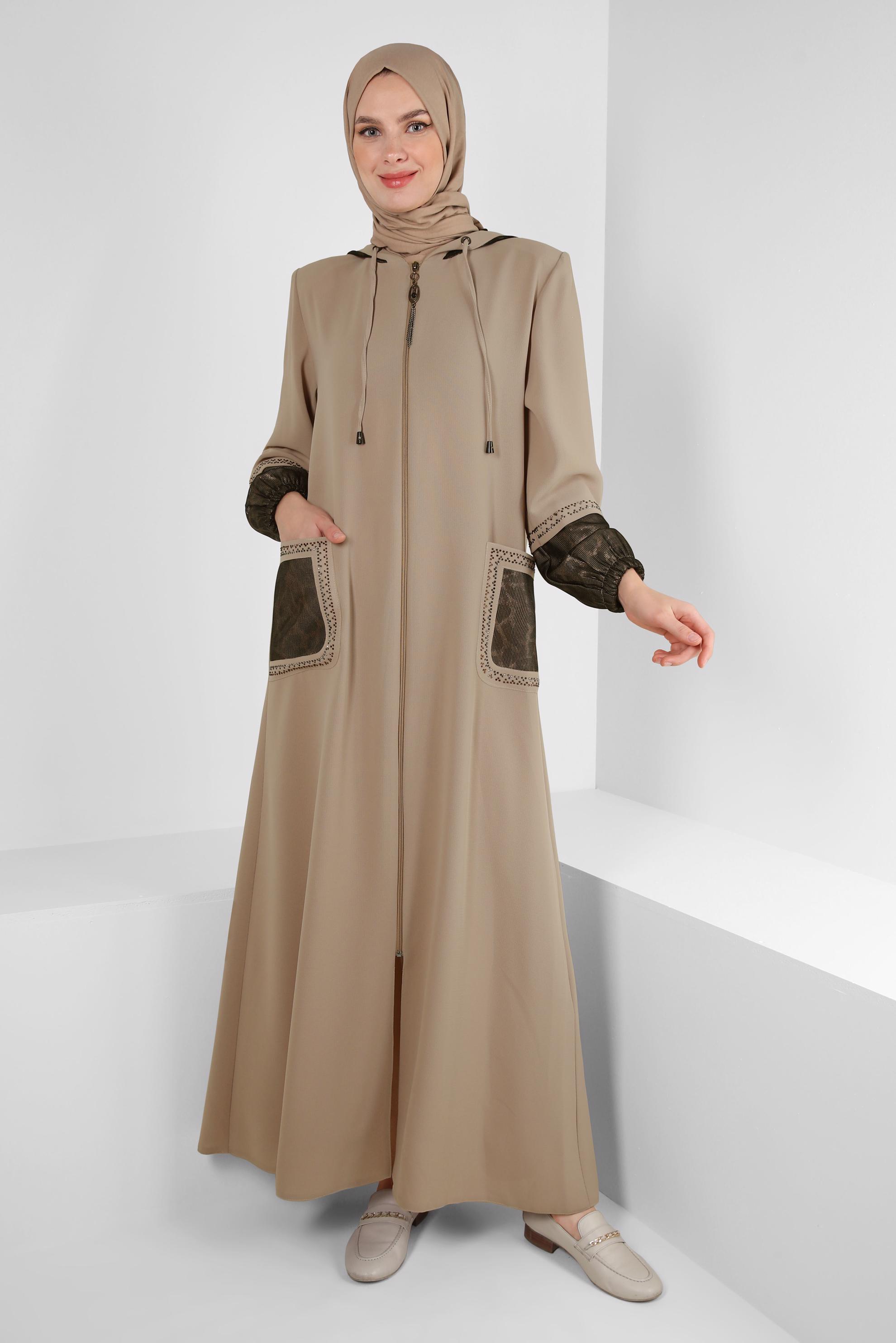 Vêtements hijab BEIGE PARDESSUS MOTIF LÉOPARD À CAPUCHE 10730