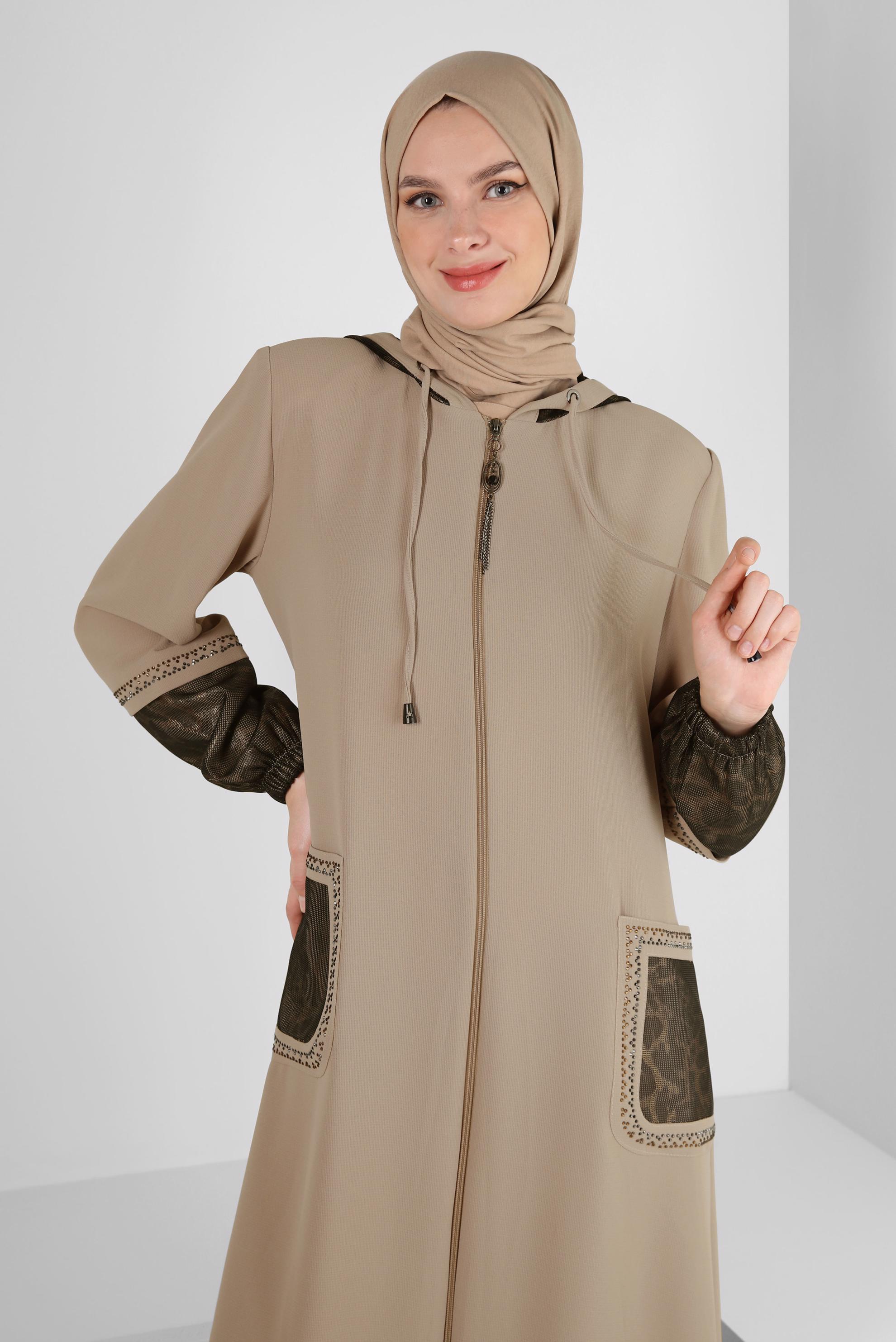 Vêtements hijab BEIGE PARDESSUS MOTIF LÉOPARD À CAPUCHE 10730