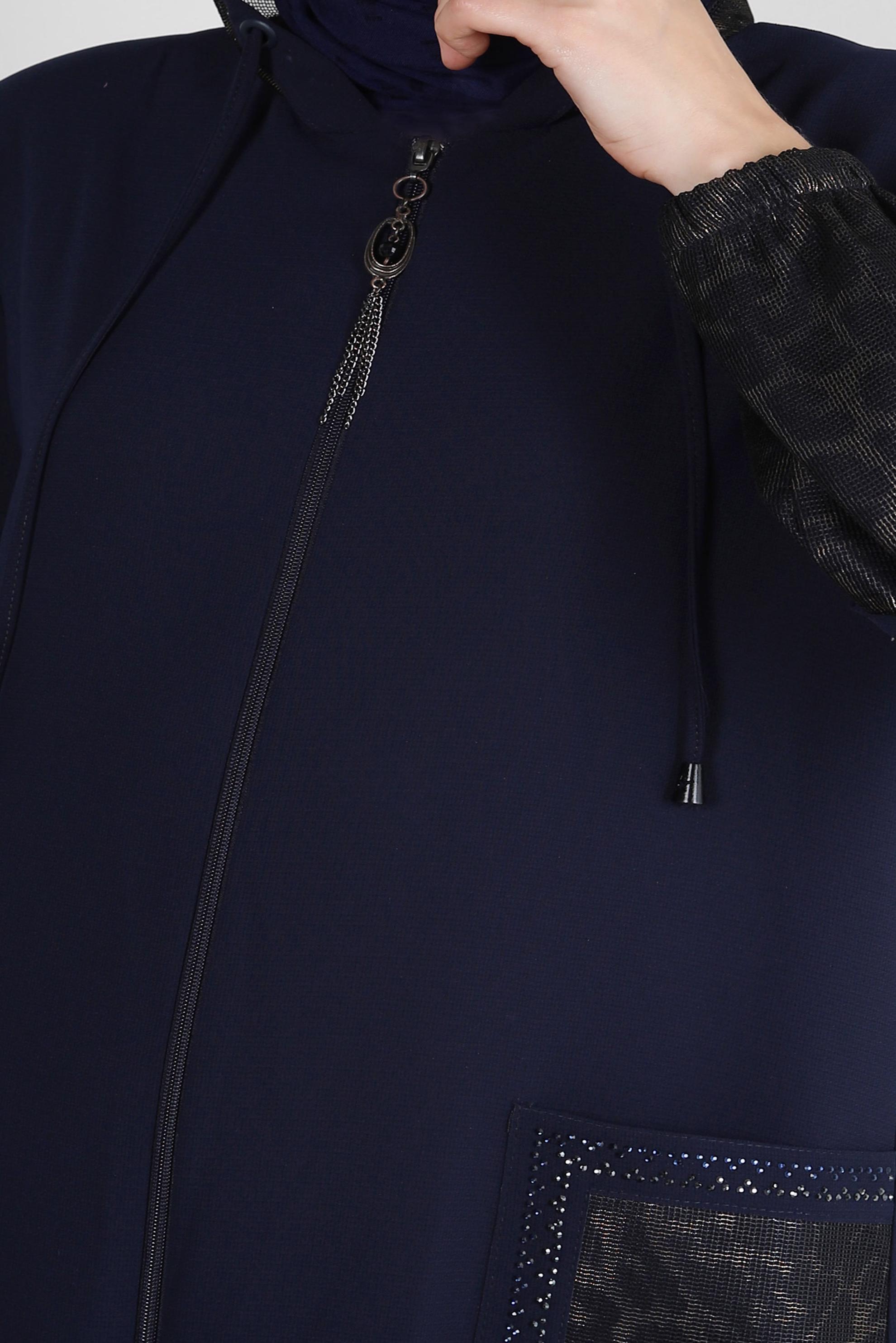 Tesettür giyim LACİVERT KAPÜŞONLU LEOPAR DESENLİ PARDESÜ 10730