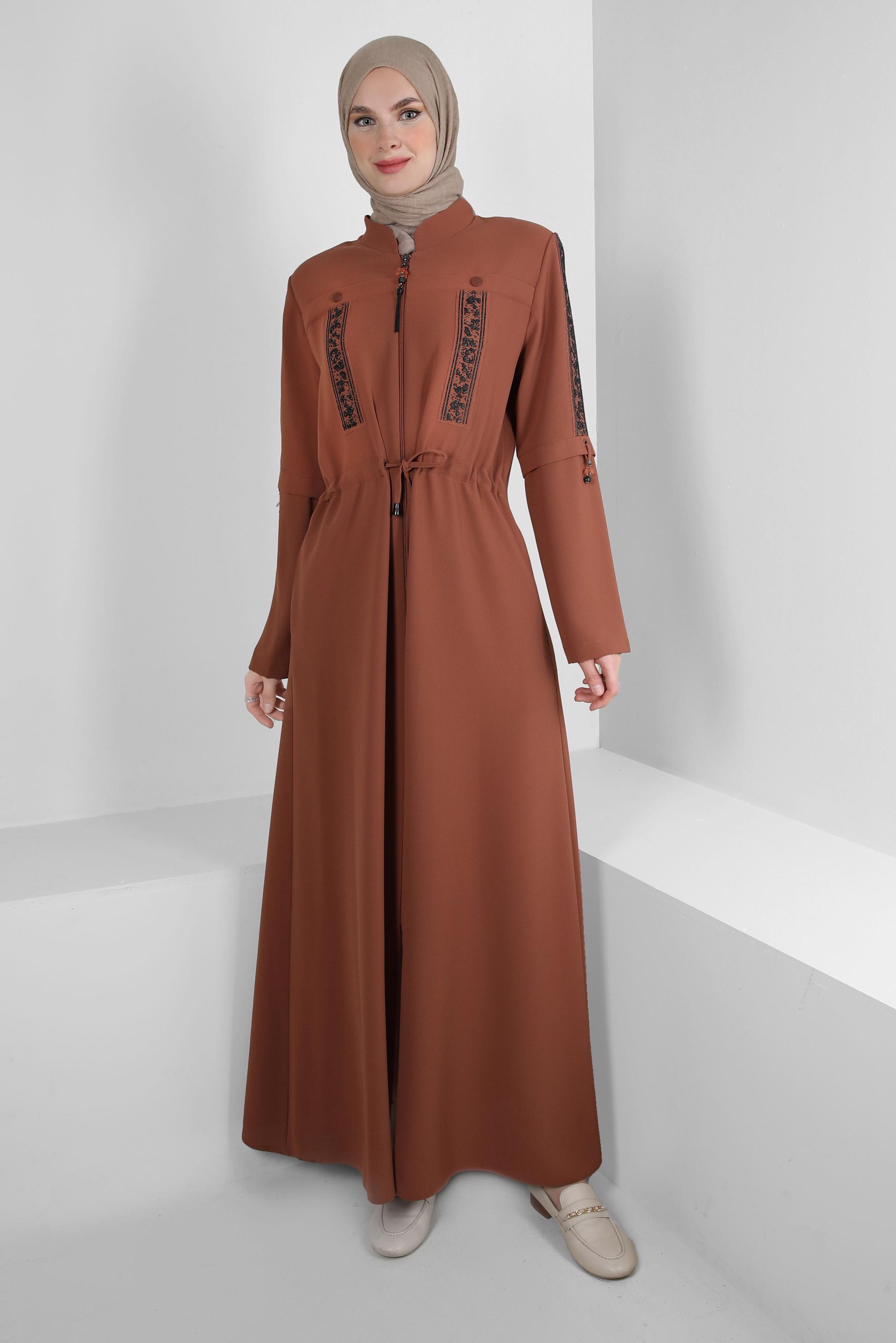 Hijab clothing ORANGE PATTERNED ZIPPERED TOPCOAT WITH SMOCKING WAIST 10731