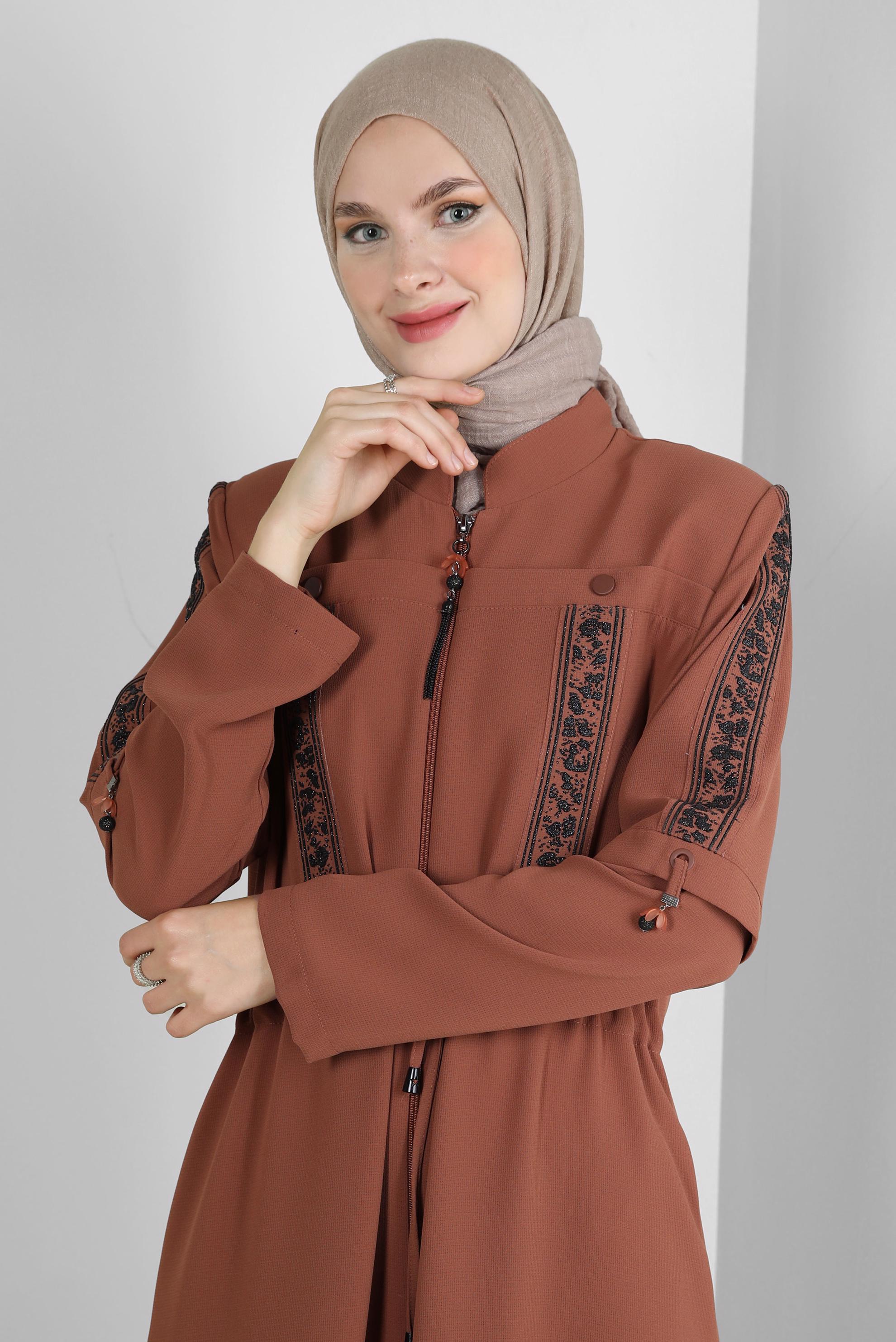 Hijab clothing ORANGE PATTERNED ZIPPERED TOPCOAT WITH SMOCKING WAIST 10731