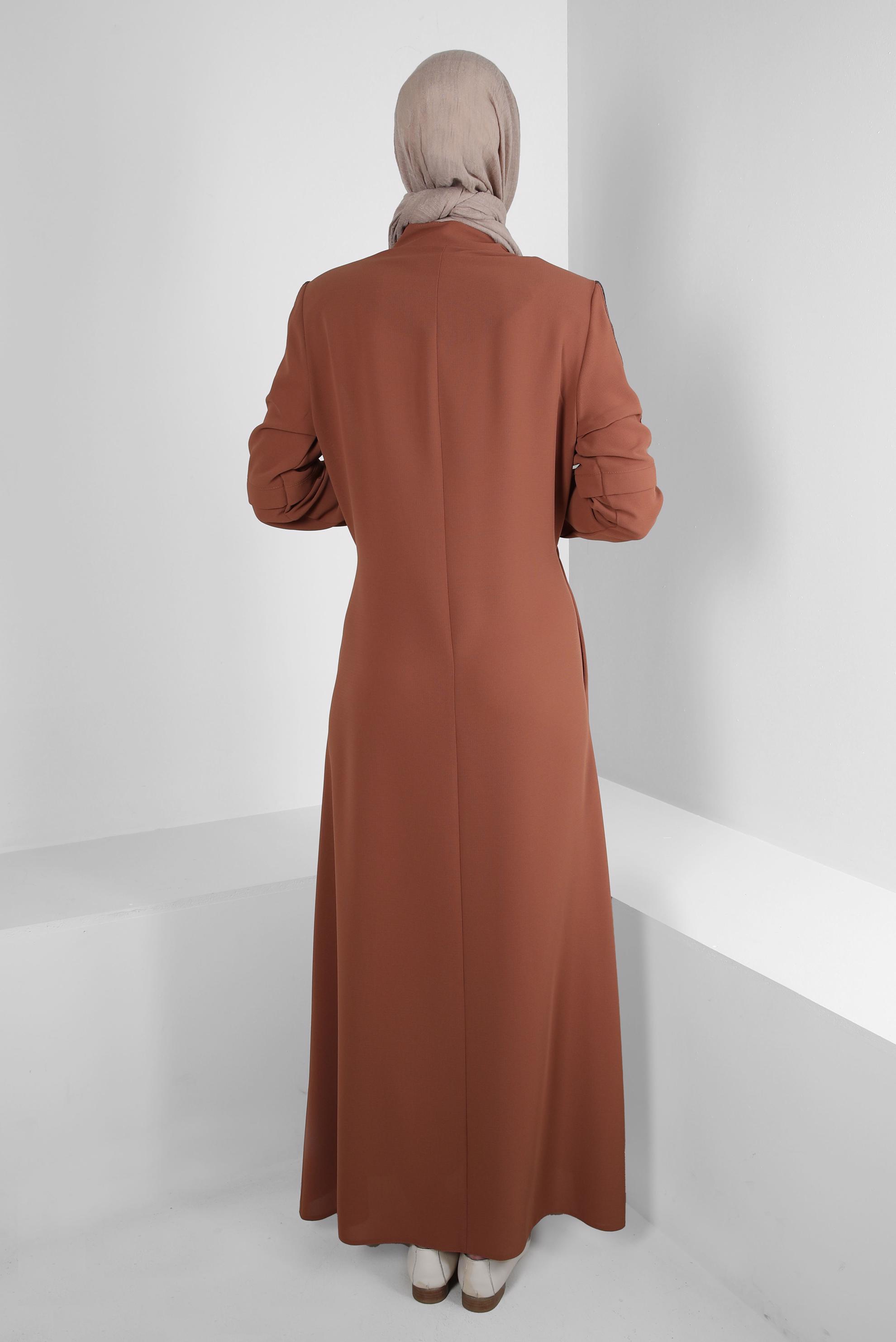 Hijab clothing ORANGE PATTERNED ZIPPERED TOPCOAT WITH SMOCKING WAIST 10731