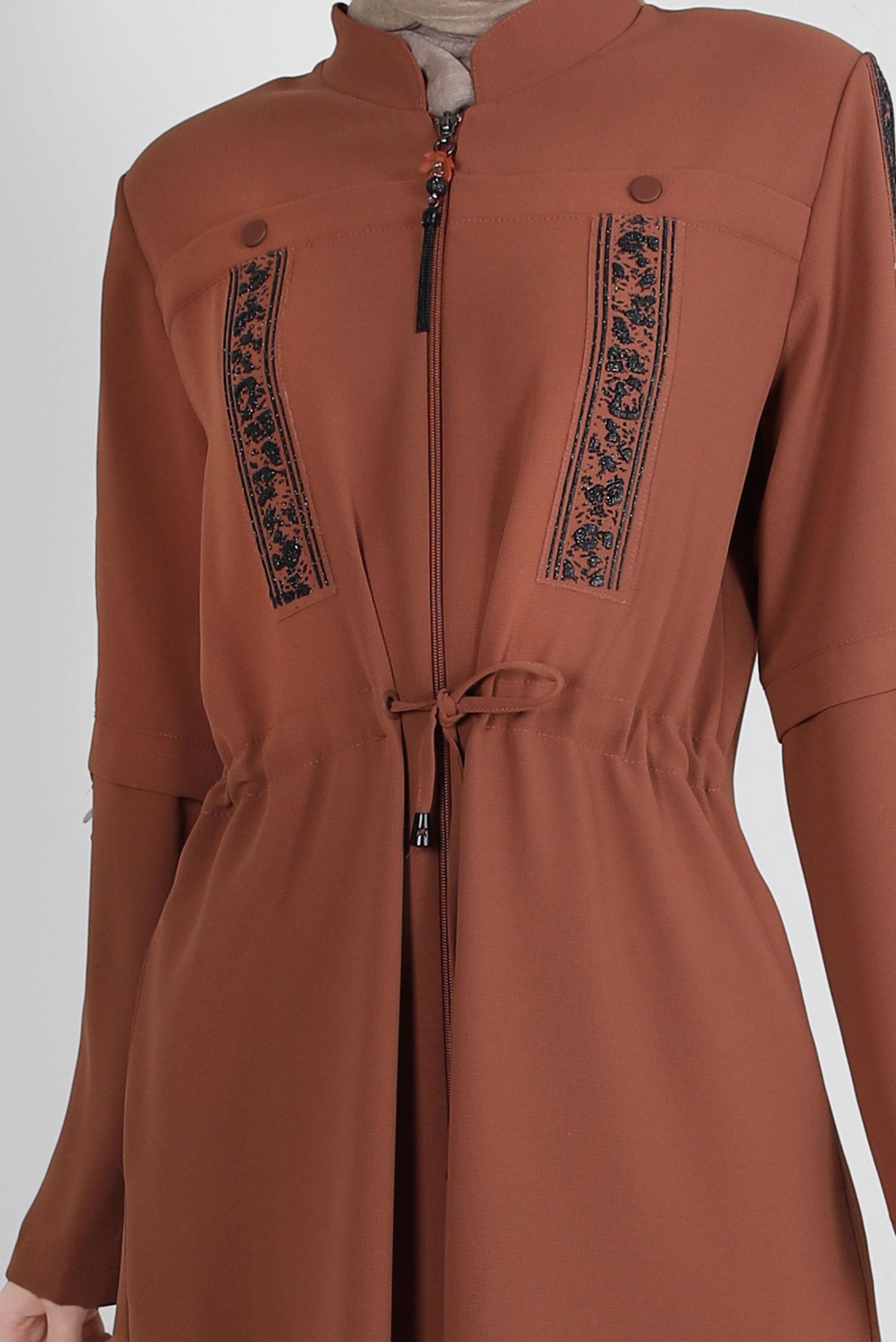 Hijab clothing ORANGE PATTERNED ZIPPERED TOPCOAT WITH SMOCKING WAIST 10731