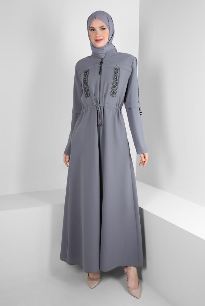 Vêtements hijab GRIS TUNIQUE LONGUE BOUTONNÉE DÉTAIL COUTURE 43607 - ALVİNA
