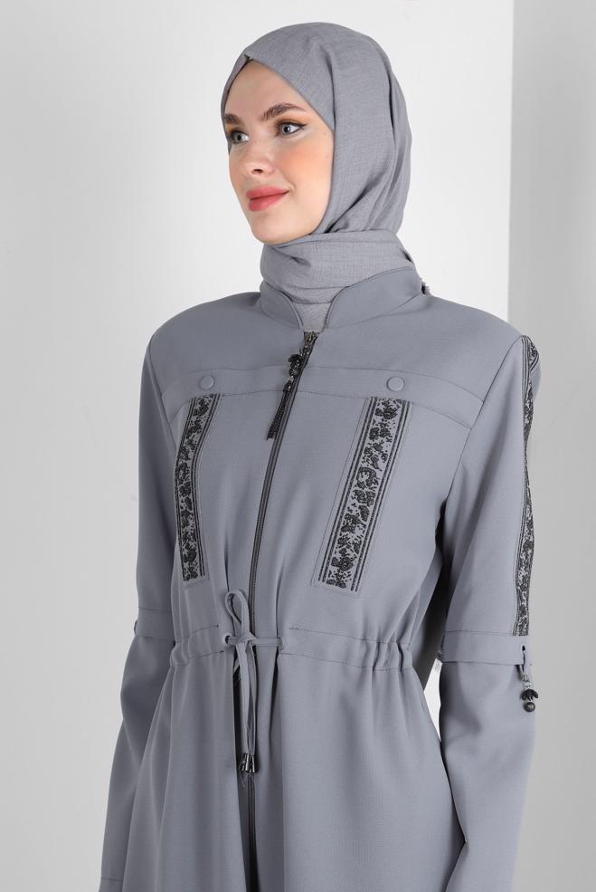 Vêtements hijab GRIS TUNIQUE LONGUE BOUTONNÉE DÉTAIL COUTURE 43607 - ALVİNA