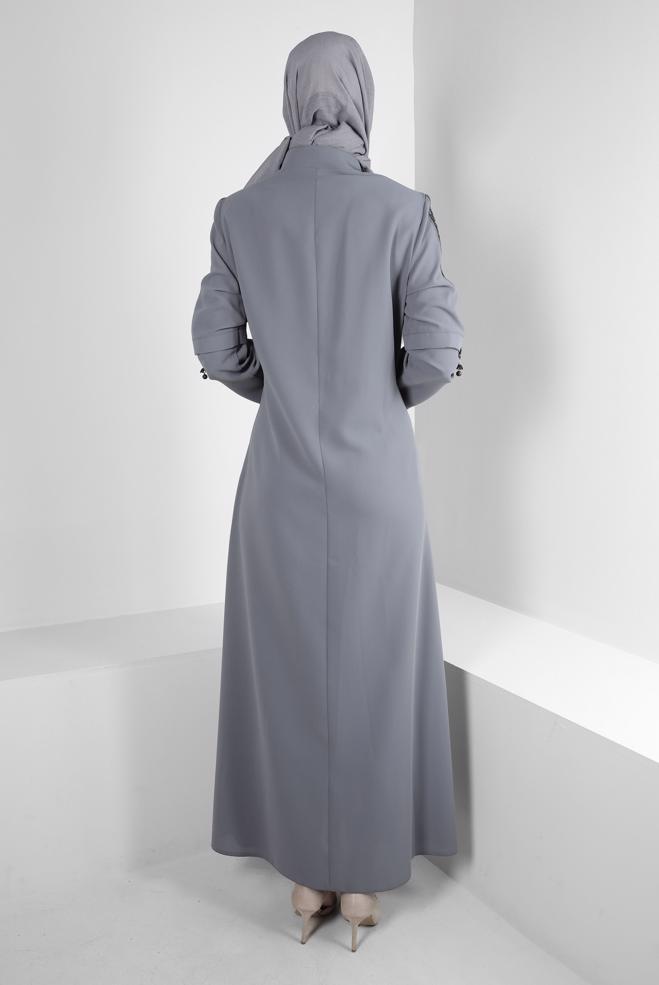 Vêtements hijab GRIS TUNIQUE LONGUE BOUTONNÉE DÉTAIL COUTURE 43607 - ALVİNA