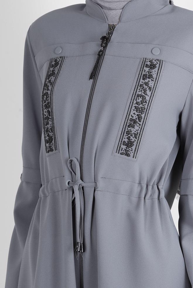 Vêtements hijab GRIS TUNIQUE LONGUE BOUTONNÉE DÉTAIL COUTURE 43607 - ALVİNA