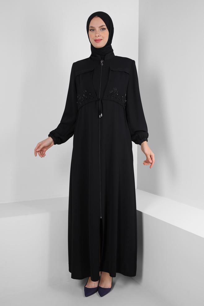 Vêtements hijab NOIR COL MANDARIN DÉTAIL GEM PARDESSUS 10732 - ALVİNA