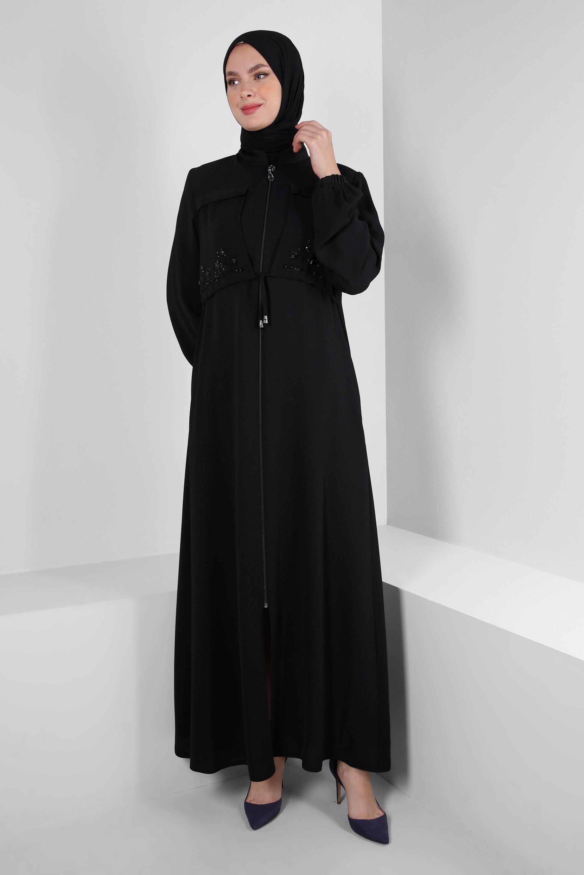 Vêtements hijab NOIR COL MANDARIN DÉTAIL GEM PARDESSUS 10732