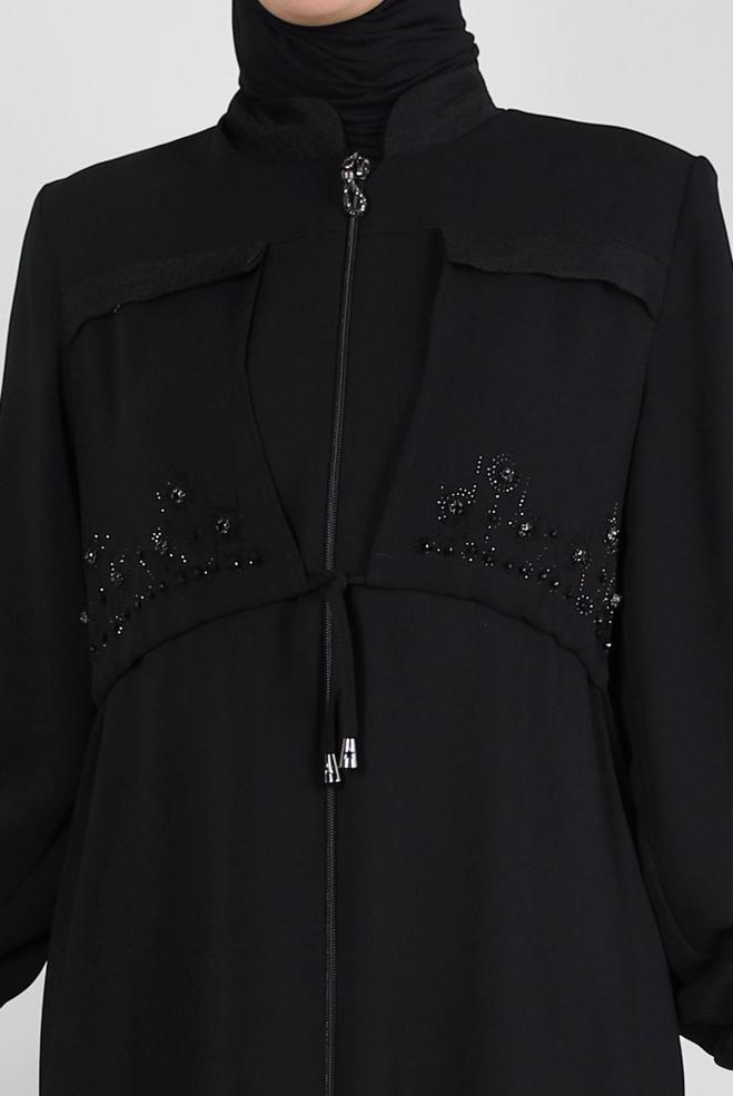 Vêtements hijab NOIR COL MANDARIN DÉTAIL GEM PARDESSUS 10732 - ALVİNA