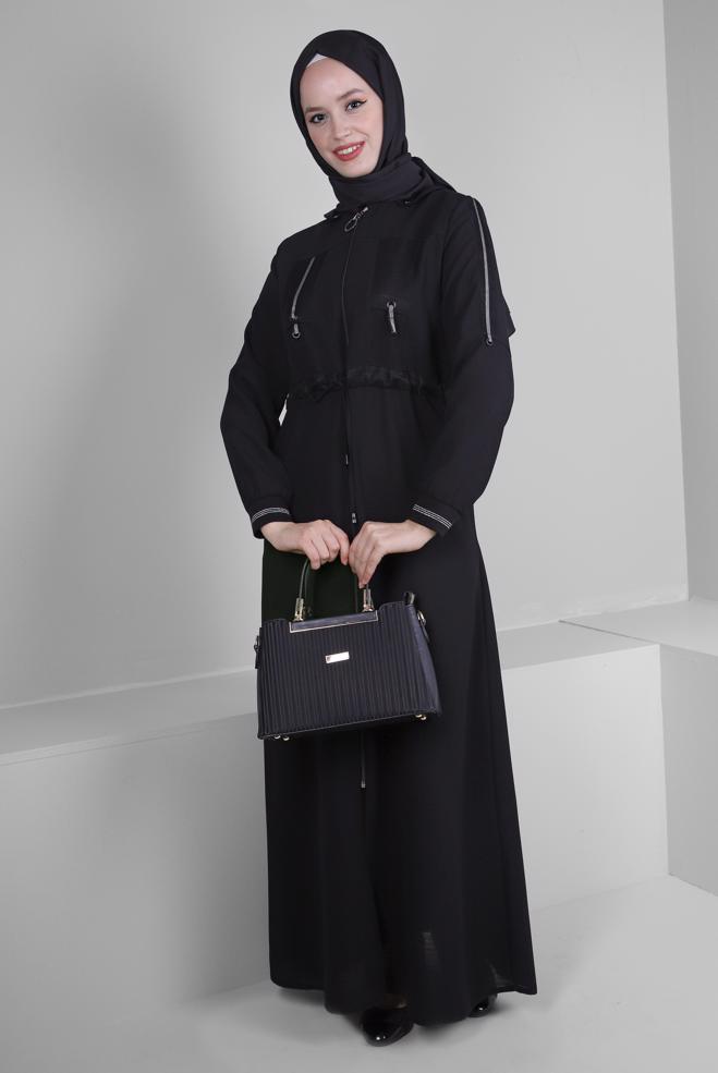 Vêtements hijab NOIR PARDESSUS ZIPPÉ À CAPUCHE AMOVIBLE 10734 - ALVİNA