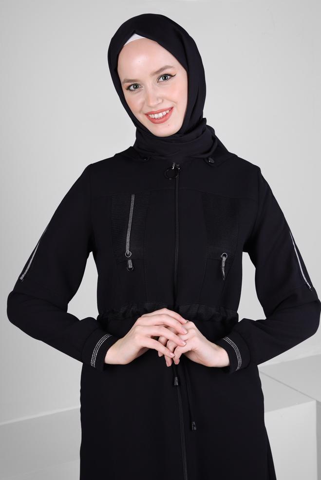 Vêtements hijab NOIR PARDESSUS ZIPPÉ À CAPUCHE AMOVIBLE 10734 - ALVİNA