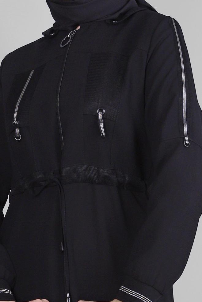 Vêtements hijab NOIR PARDESSUS ZIPPÉ À CAPUCHE AMOVIBLE 10734 - ALVİNA