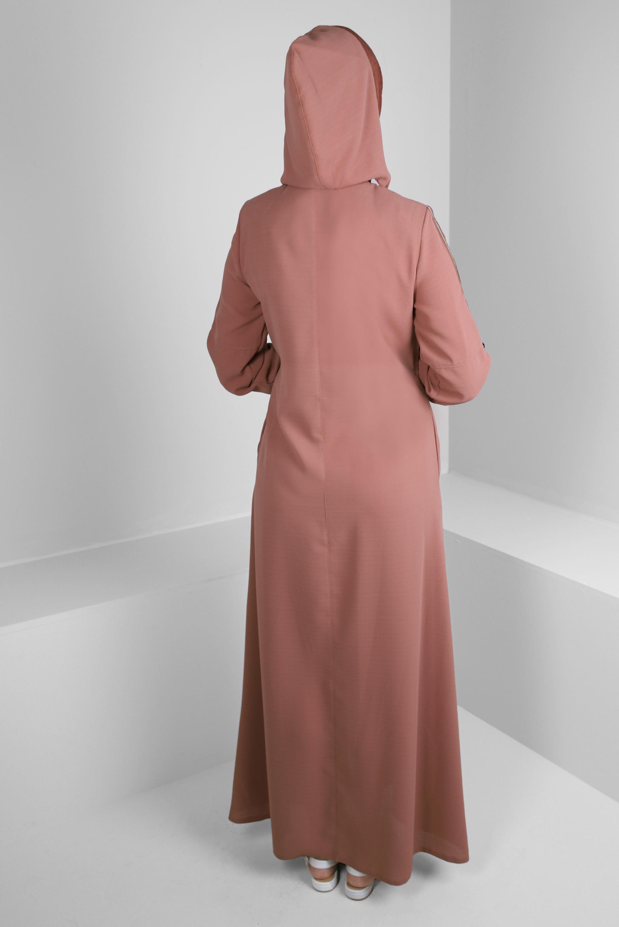 Tesettür giyim PEMBE ÇIKARILABİLİR KAPÜŞONLU FERMUARLI PARDESÜ 10734