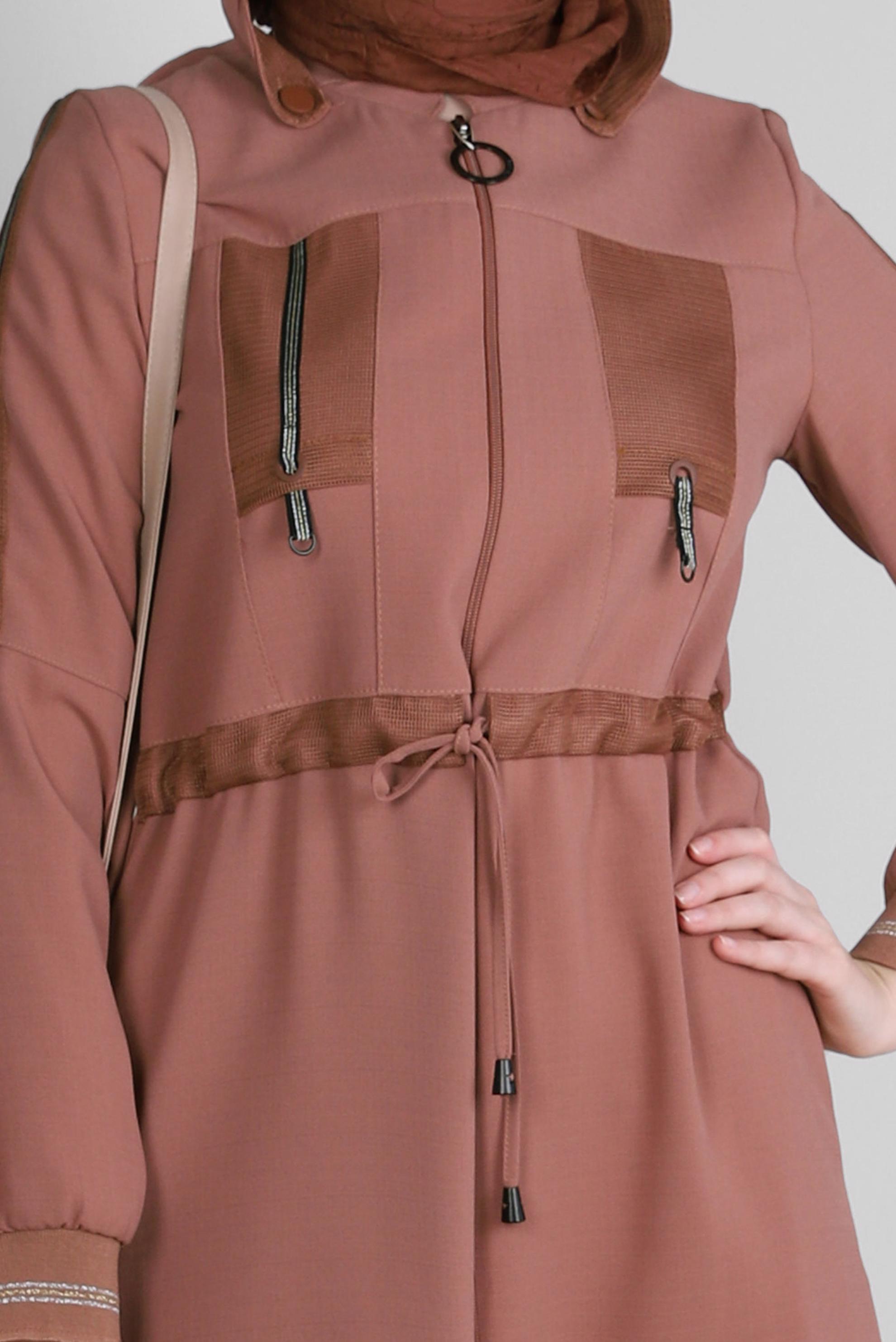 Tesettür giyim PEMBE ÇIKARILABİLİR KAPÜŞONLU FERMUARLI PARDESÜ 10734