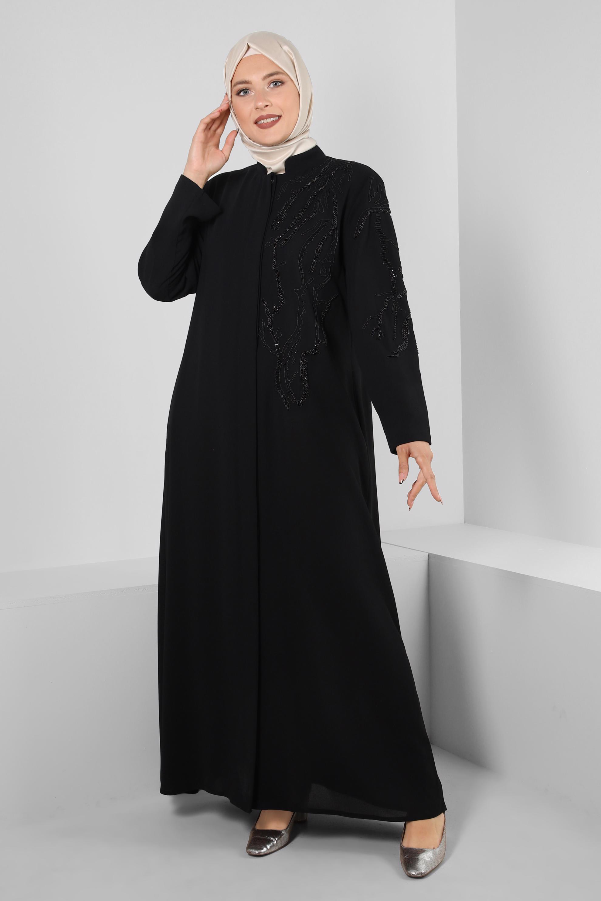 Vêtements hijab NOIR PARDESSUS PERLÉ AVEC DÉTAIL DE POCHE 10735