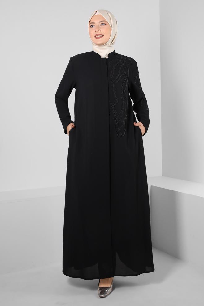 Tesettür giyim SİYAH BONCUK İŞLEMELİ CEPLİ PARDESÜ 10735 - ALVİNA