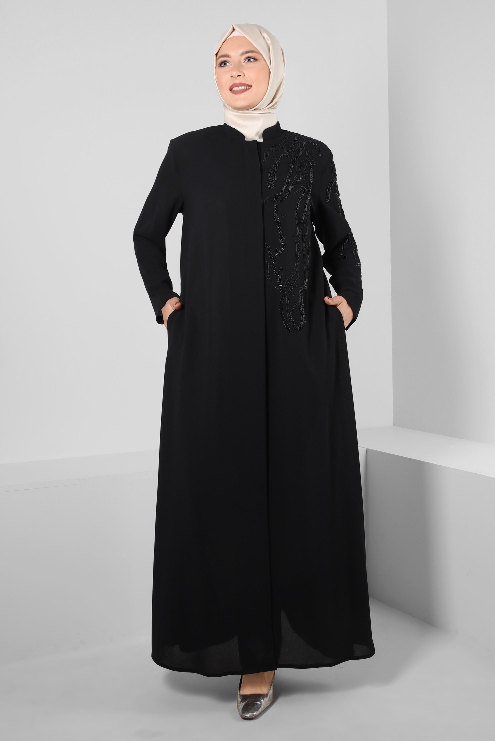 Vêtements hijab NOIR PARDESSUS PERLÉ AVEC DÉTAIL DE POCHE 10735