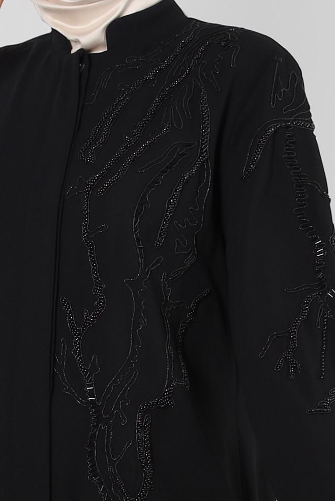Tesettür giyim SİYAH BONCUK İŞLEMELİ CEPLİ PARDESÜ 10735 - ALVİNA