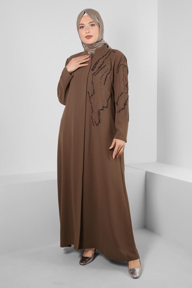Tesettür giyim KAHVE BONCUK İŞLEMELİ CEPLİ PARDESÜ 10735 - ALVİNA