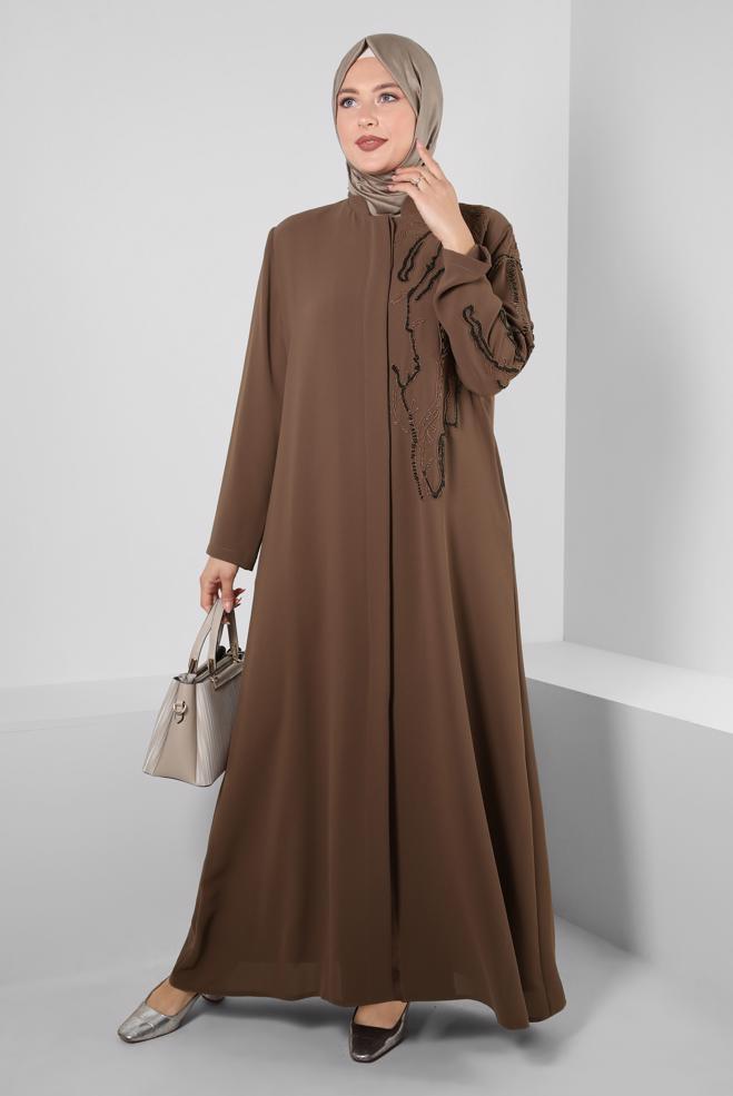 Tesettür giyim KAHVE BONCUK İŞLEMELİ CEPLİ PARDESÜ 10735 - ALVİNA
