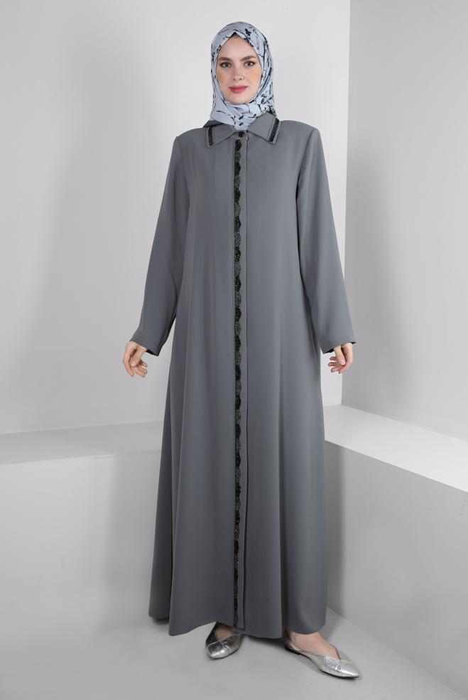 Hijab clothing GREY INVISIBLE BUTTONED TOPCOAT WITH GEM EMBROIDERED 10736 - ALVİNA
