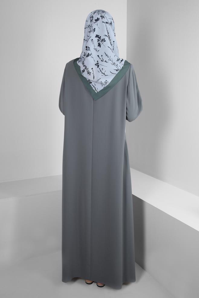Hijab clothing GREY INVISIBLE BUTTONED TOPCOAT WITH GEM EMBROIDERED 10736 - ALVİNA