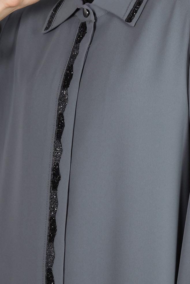 Hijab clothing GREY INVISIBLE BUTTONED TOPCOAT WITH GEM EMBROIDERED 10736 - ALVİNA