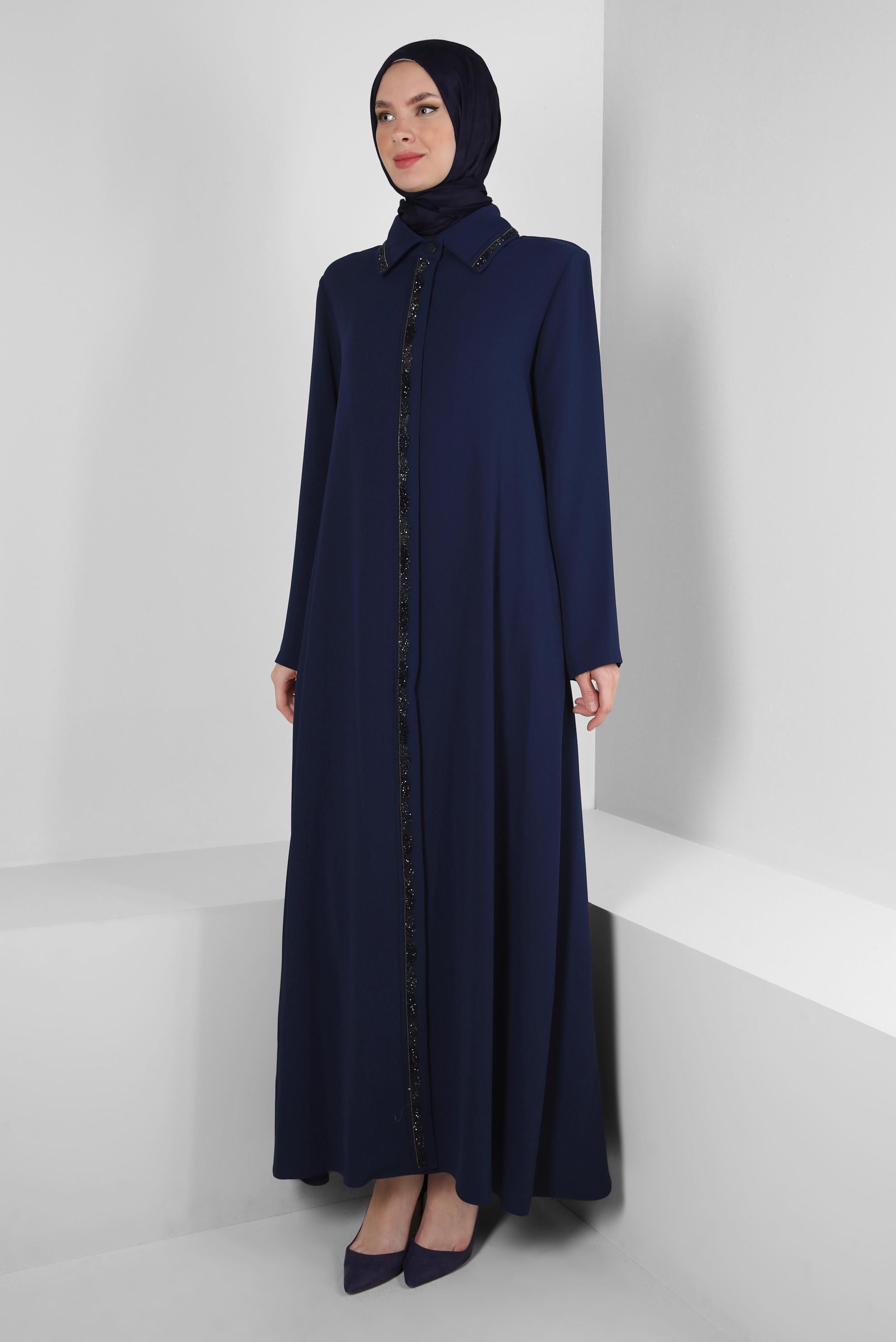 Tesettür giyim LACİVERT GİZLİ DÜĞMELİ TAŞ İŞLEMELİ PARDESÜ 10736