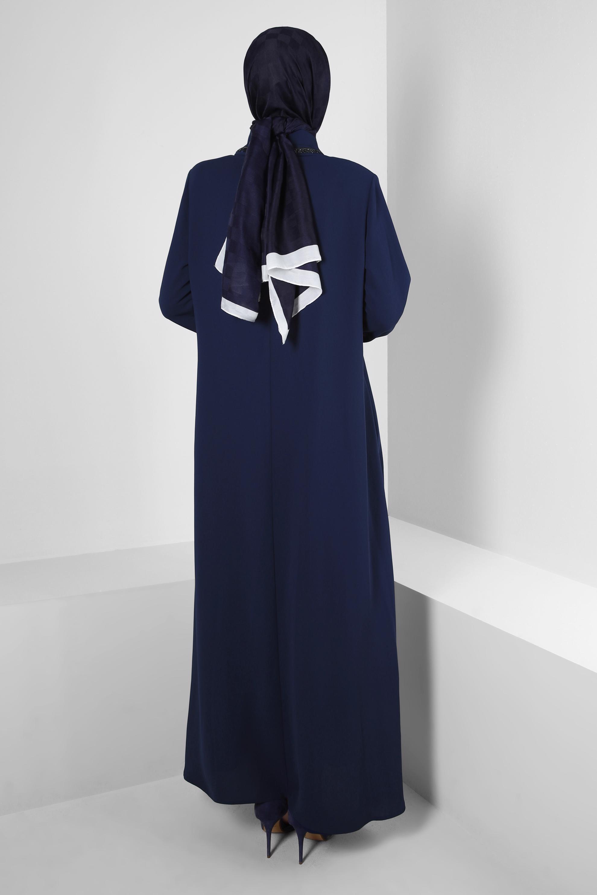 Tesettür giyim LACİVERT GİZLİ DÜĞMELİ TAŞ İŞLEMELİ PARDESÜ 10736