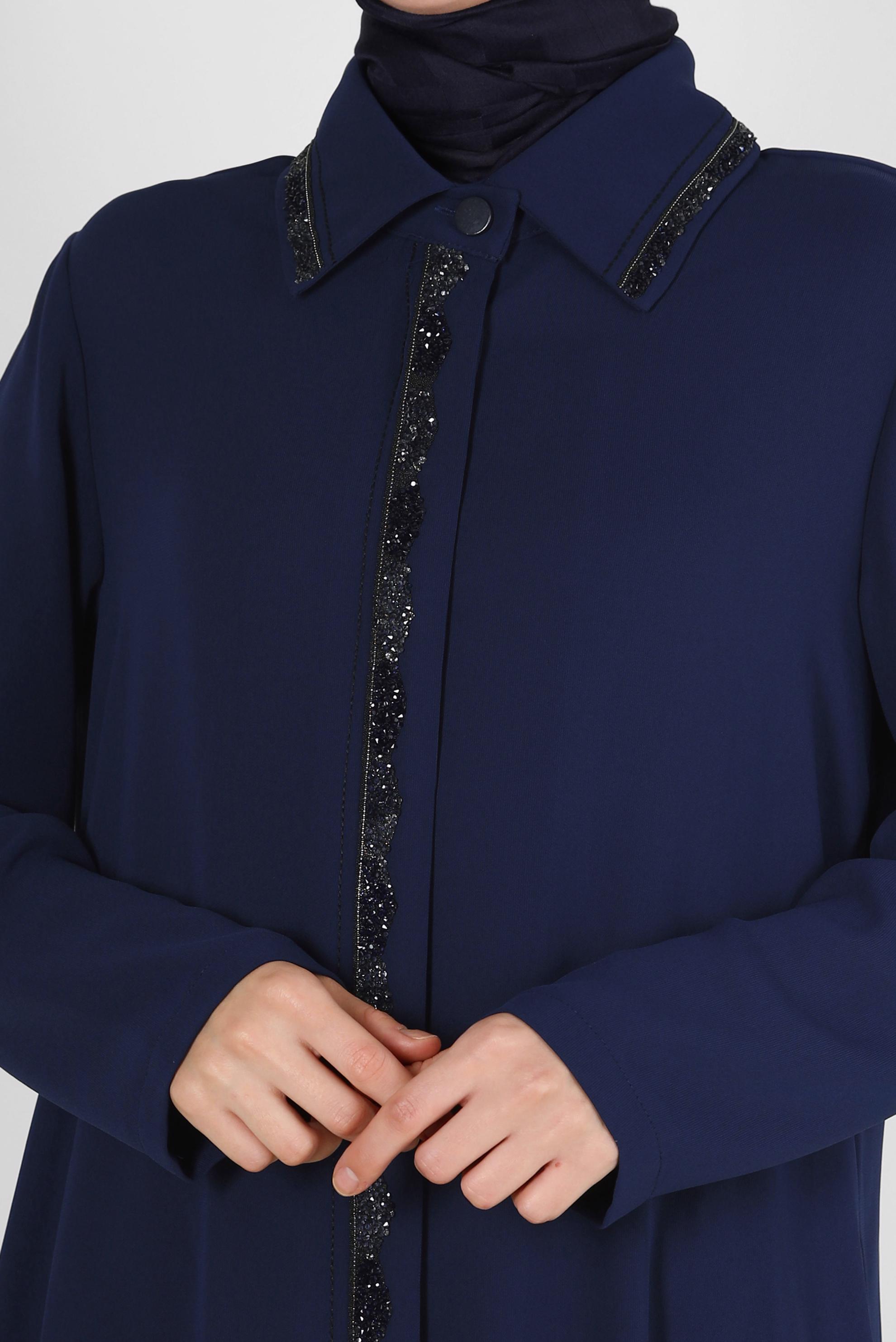 Tesettür giyim LACİVERT GİZLİ DÜĞMELİ TAŞ İŞLEMELİ PARDESÜ 10736