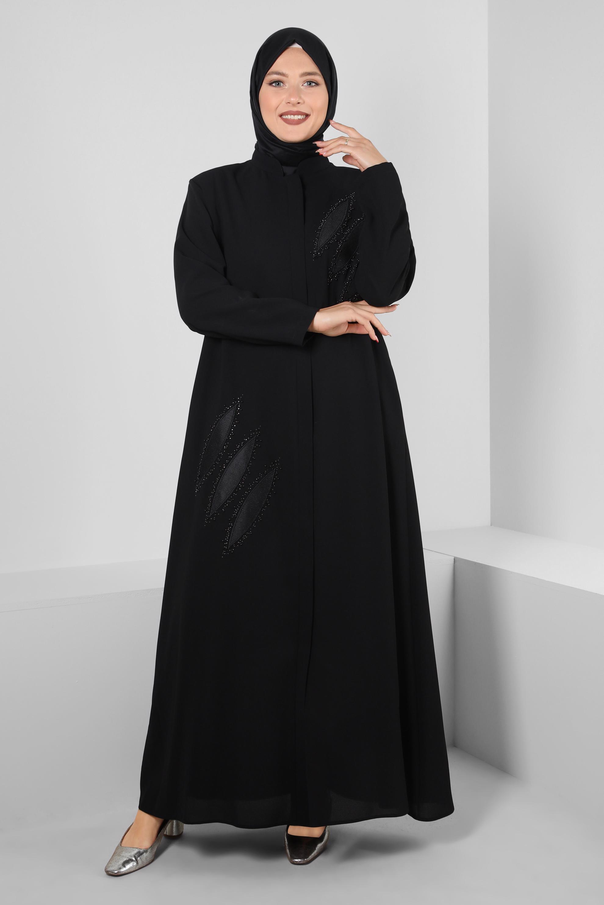 Tesettür giyim SİYAH CEPLİ GİZLİ FERMUARLI TAŞLI PARDESÜ 10738
