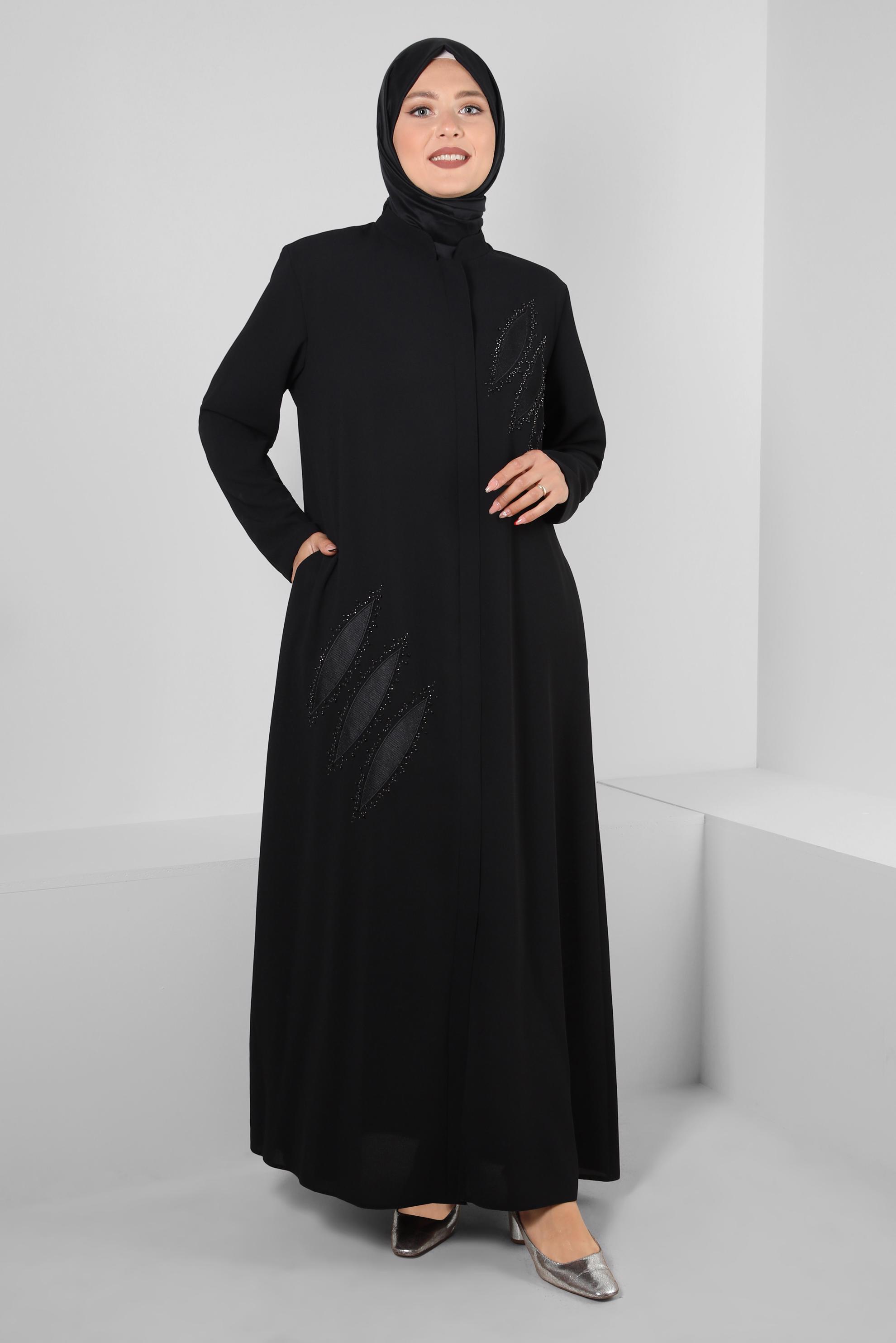 Tesettür giyim SİYAH CEPLİ GİZLİ FERMUARLI TAŞLI PARDESÜ 10738