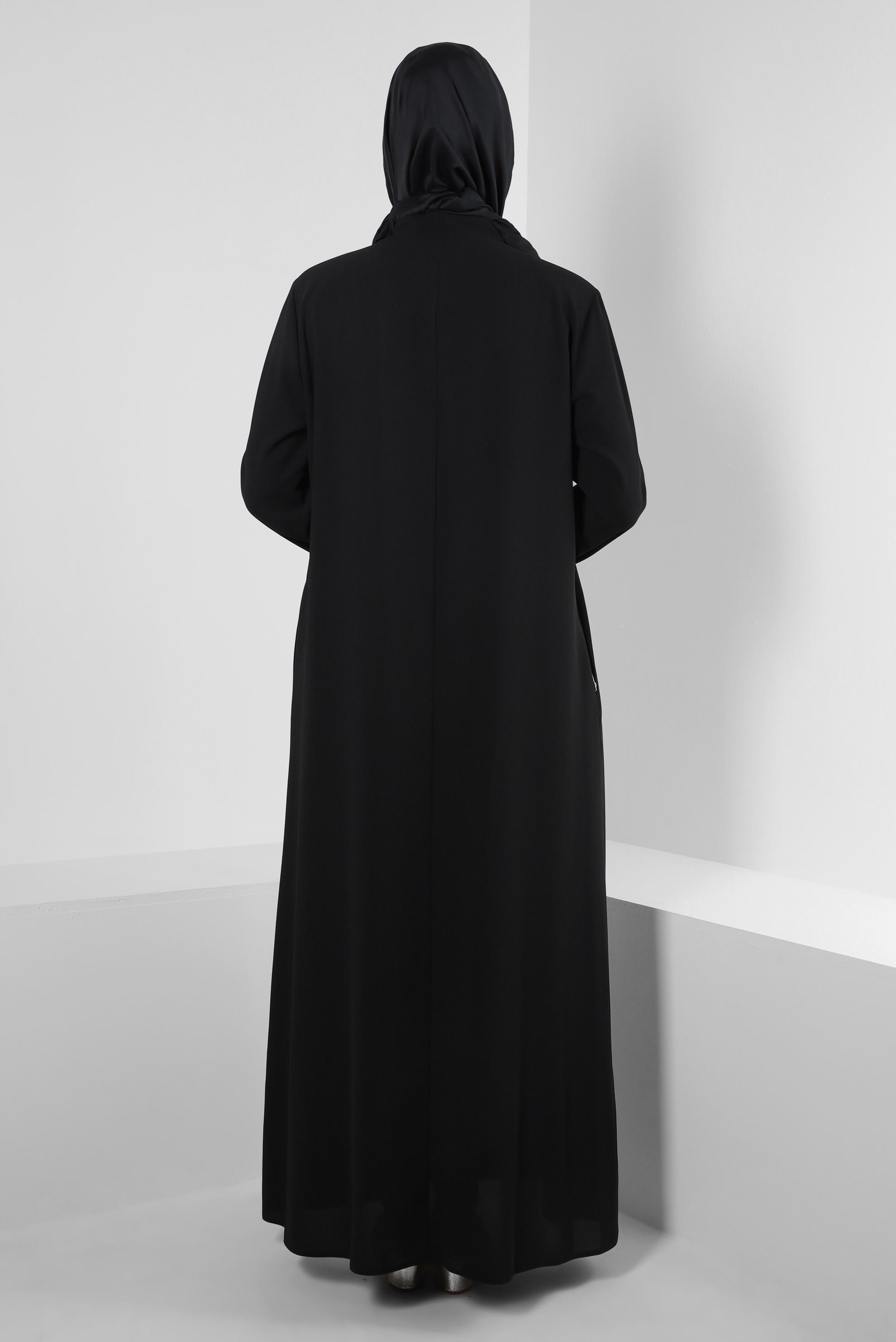 Tesettür giyim SİYAH CEPLİ GİZLİ FERMUARLI TAŞLI PARDESÜ 10738