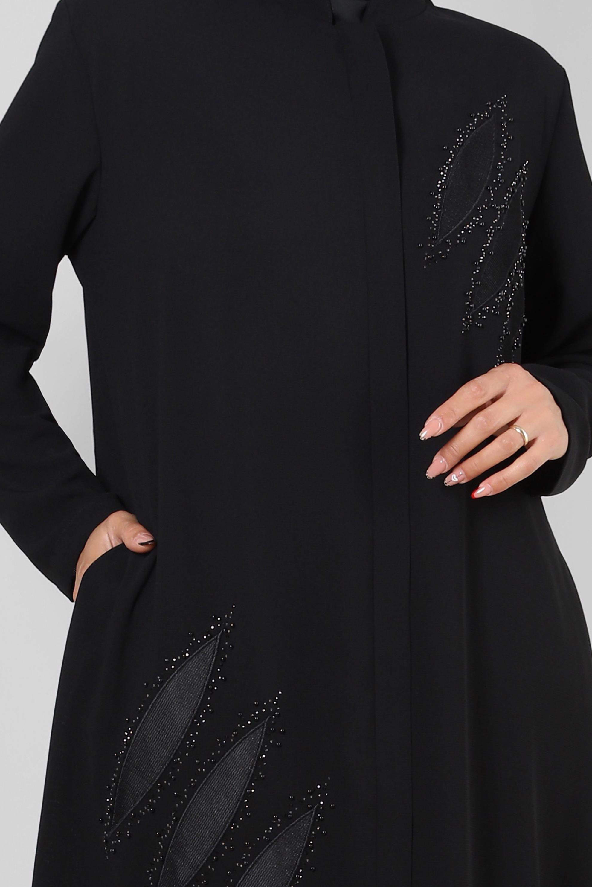 Tesettür giyim SİYAH CEPLİ GİZLİ FERMUARLI TAŞLI PARDESÜ 10738