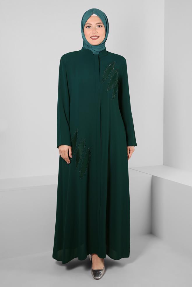 Hijab-Kleidung GRÜN CEPLİ GİZLİ FERMUARLI TAŞLI PARDESÜ 10738 - ALVİNA
