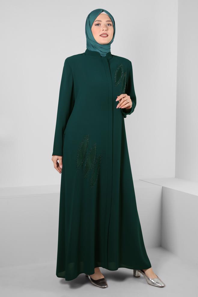 Hijab-Kleidung GRÜN CEPLİ GİZLİ FERMUARLI TAŞLI PARDESÜ 10738 - ALVİNA