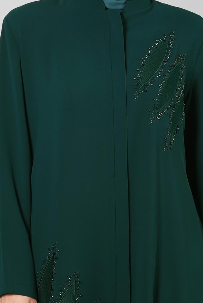 Hijab-Kleidung GRÜN CEPLİ GİZLİ FERMUARLI TAŞLI PARDESÜ 10738 - ALVİNA