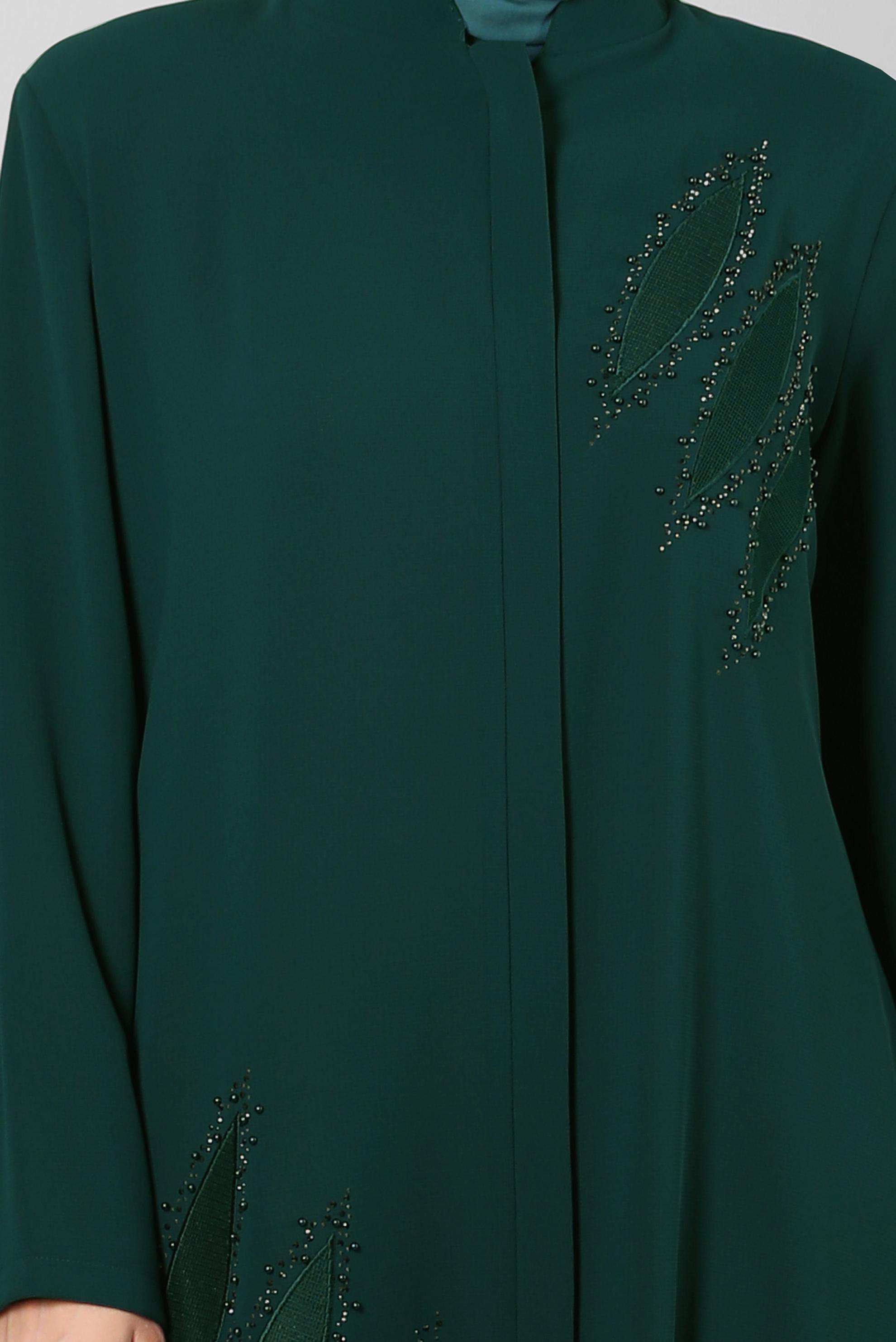 Tesettür giyim YEŞİL CEPLİ GİZLİ FERMUARLI TAŞLI PARDESÜ 10738