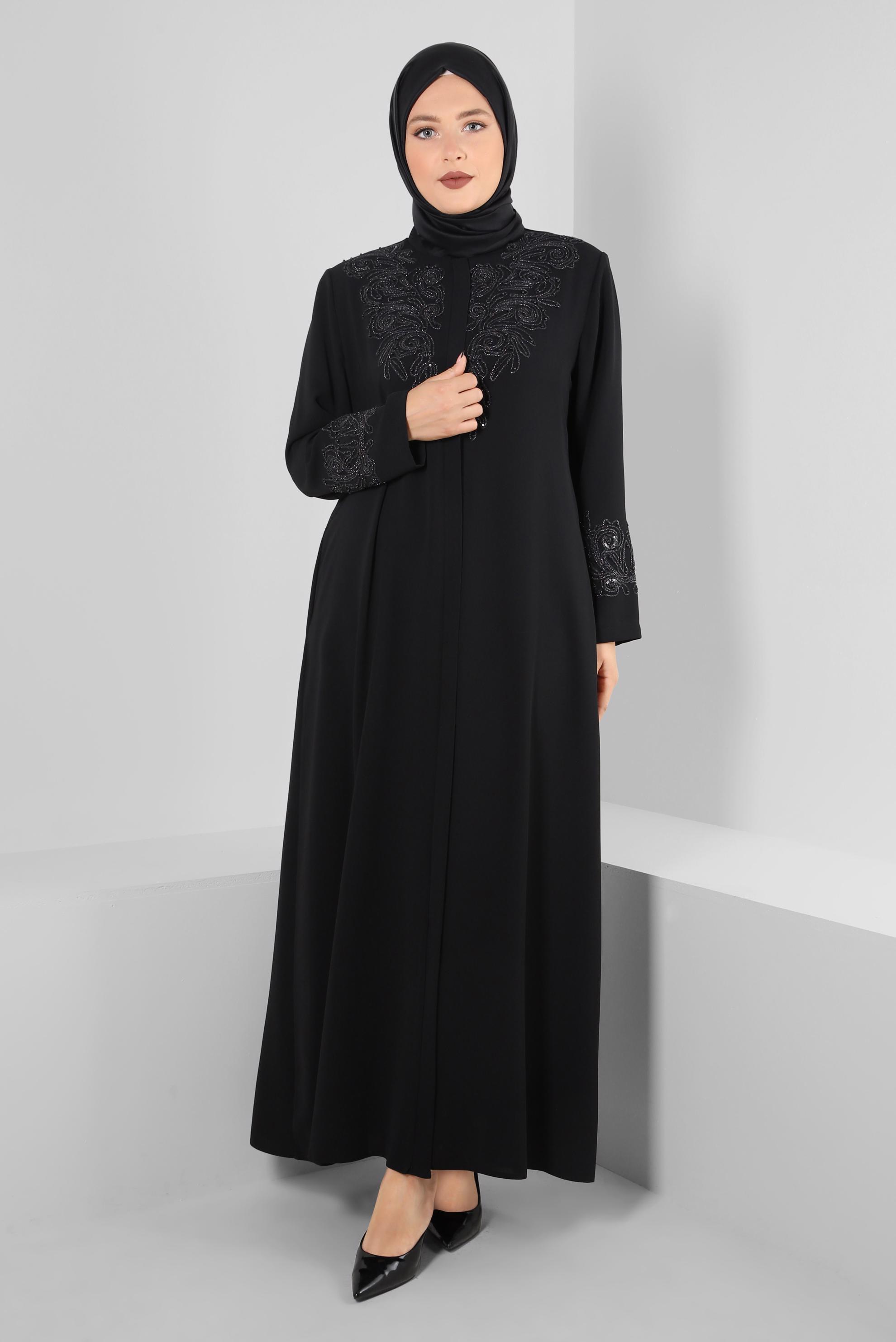 Tesettür giyim SİYAH BONCUK İŞLEMELİ CEPLİ PARDESÜ 10739
