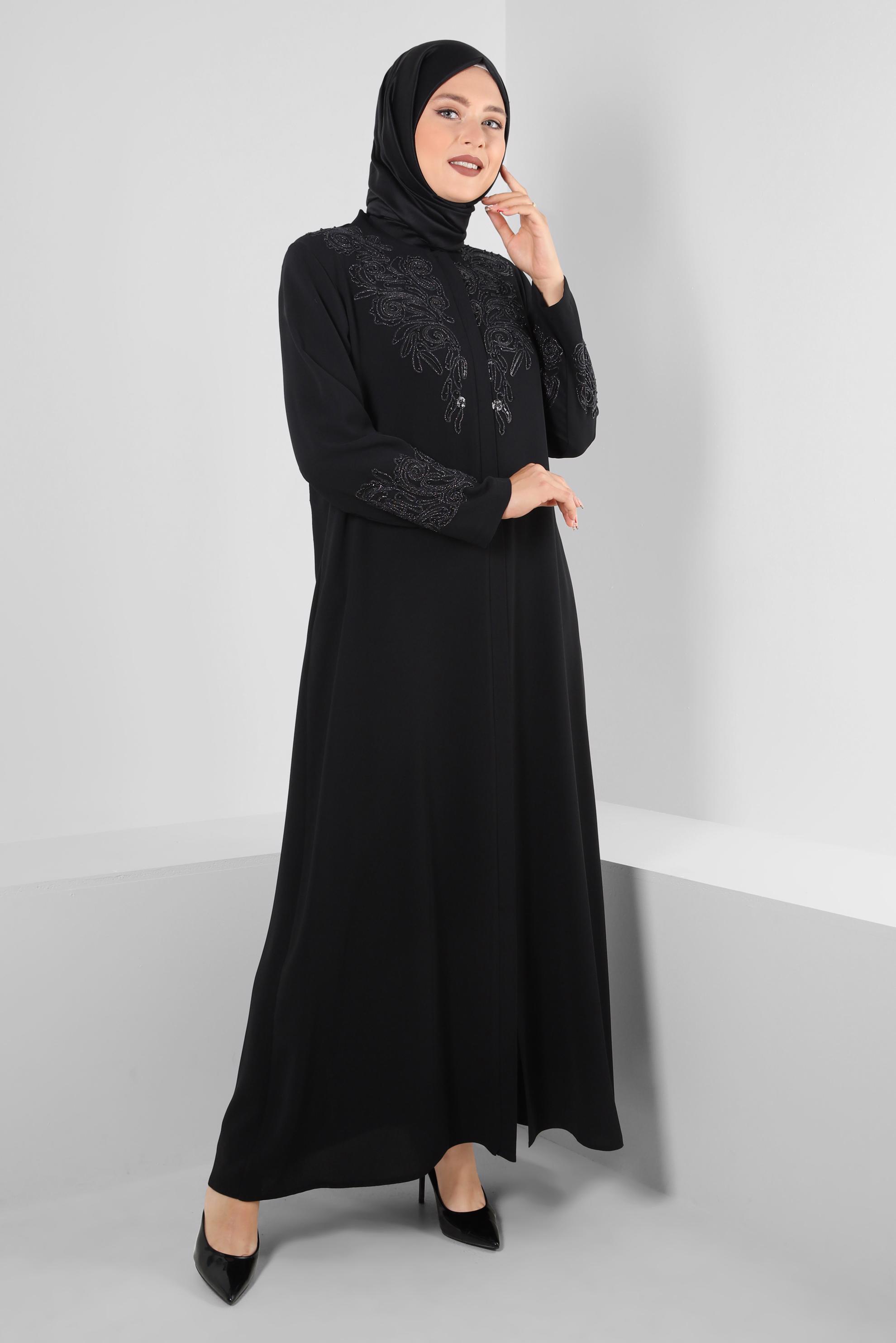 Tesettür giyim SİYAH BONCUK İŞLEMELİ CEPLİ PARDESÜ 10739