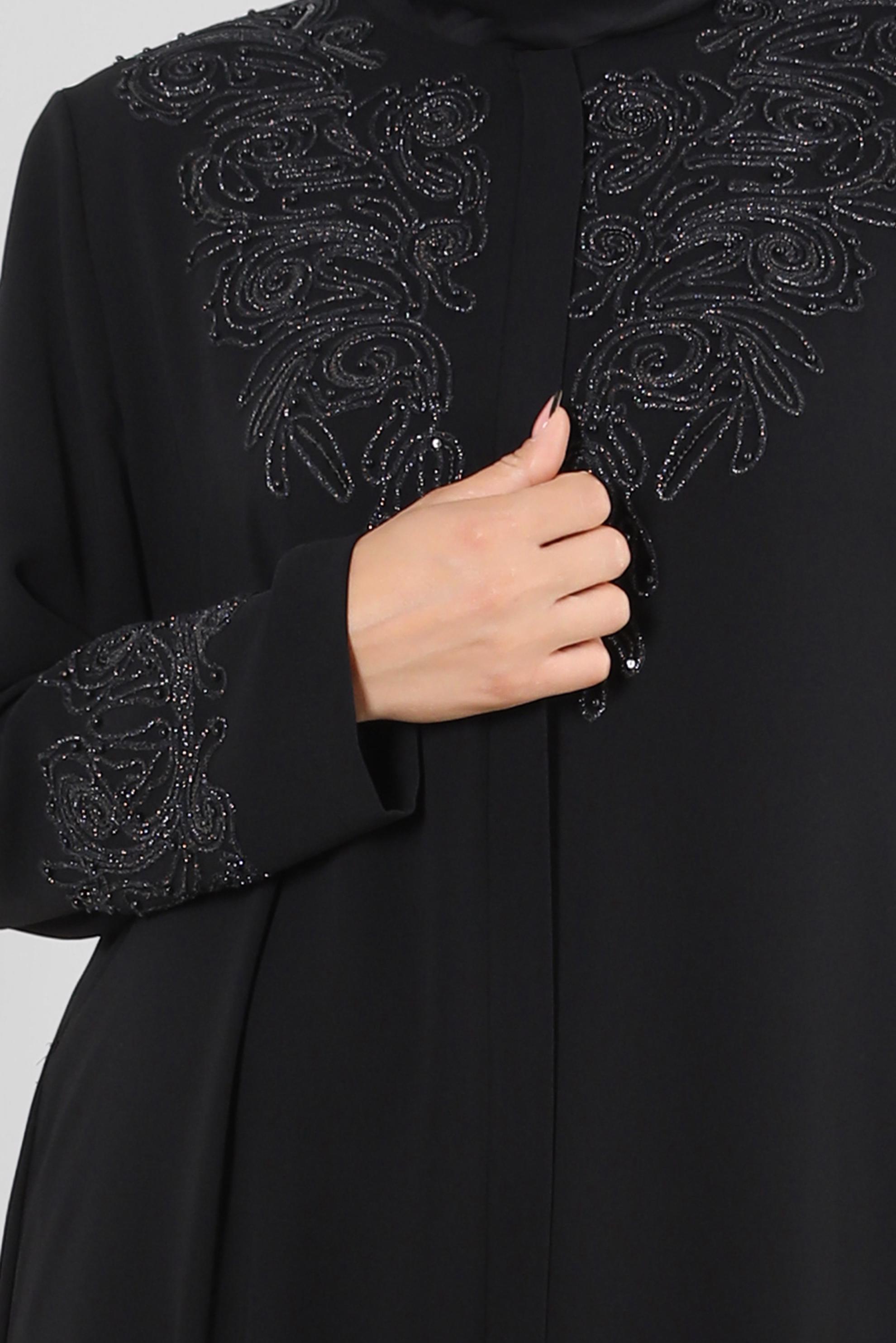 Tesettür giyim SİYAH BONCUK İŞLEMELİ CEPLİ PARDESÜ 10739