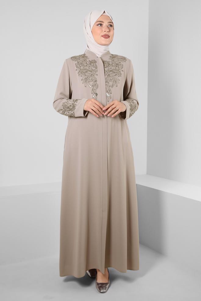 Hijab-Kleidung BEIGE BONCUK İŞLEMELİ CEPLİ PARDESÜ 10739 - ALVİNA